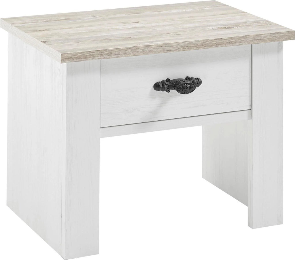 Mesita de noche Florenz blanca con aspecto de madera, 1 cajón, 58 cm de ancho