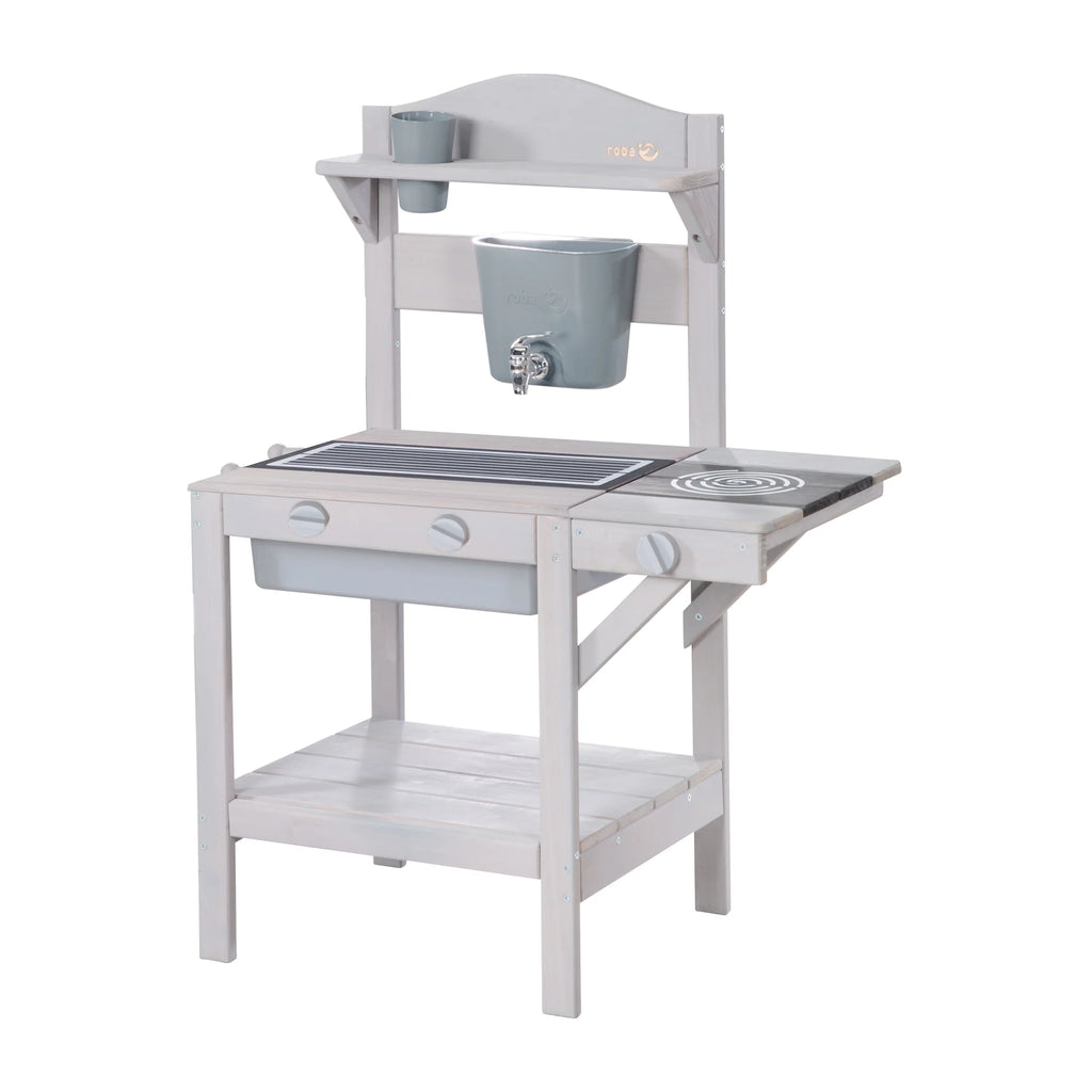 Cocina de juego al aire libre con accesorios – Madera certificada FSC – Acabado en gris grabado