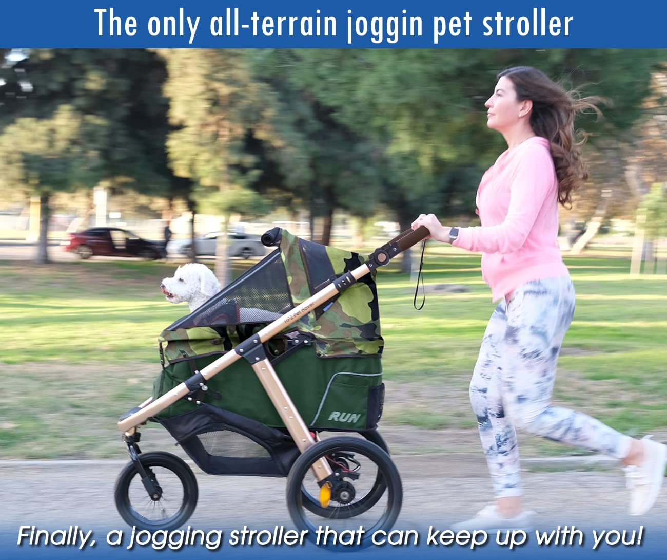 Coche Deportivo para Correr con Ruedas de Goma Confort / Entrada sin Cremallera / Plegado Rápido con Una Mano / Estructura de Aluminio para Perros, Gatos y Mascotas Pequeñas o Medianas (Camuflaje Verde)