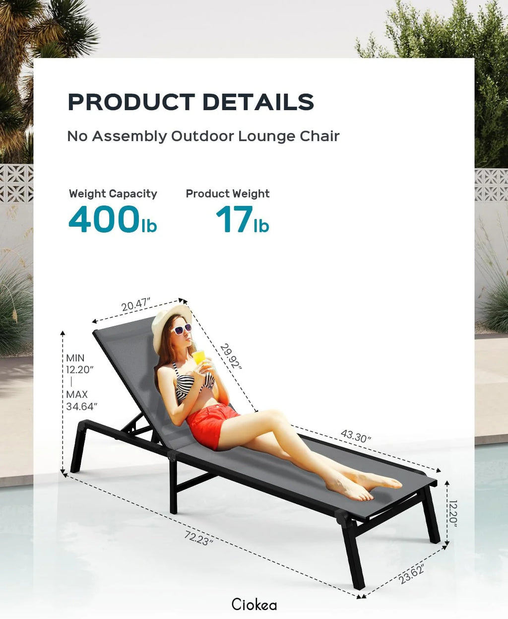 Tumbona de Aluminio para Exterior – Silla de Jardín Plegable sin Montaje, con Respaldo Ajustable en 5 Posiciones, para Terraza, Piscina, Playa – Negra