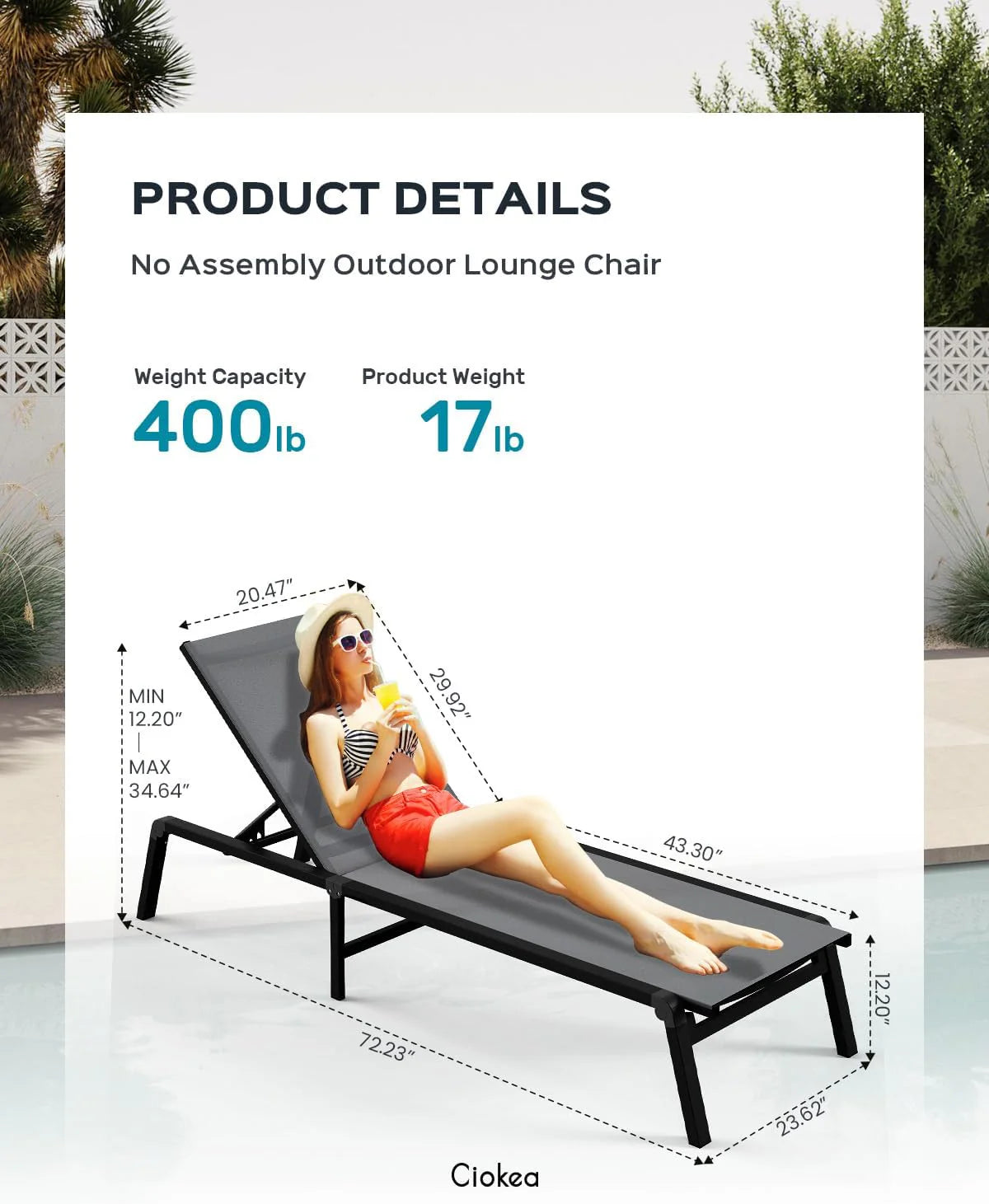 Tumbona de Aluminio para Exterior – Silla de Jardín Plegable sin Montaje, con Respaldo Ajustable en 5 Posiciones, para Terraza, Piscina, Playa – Negra