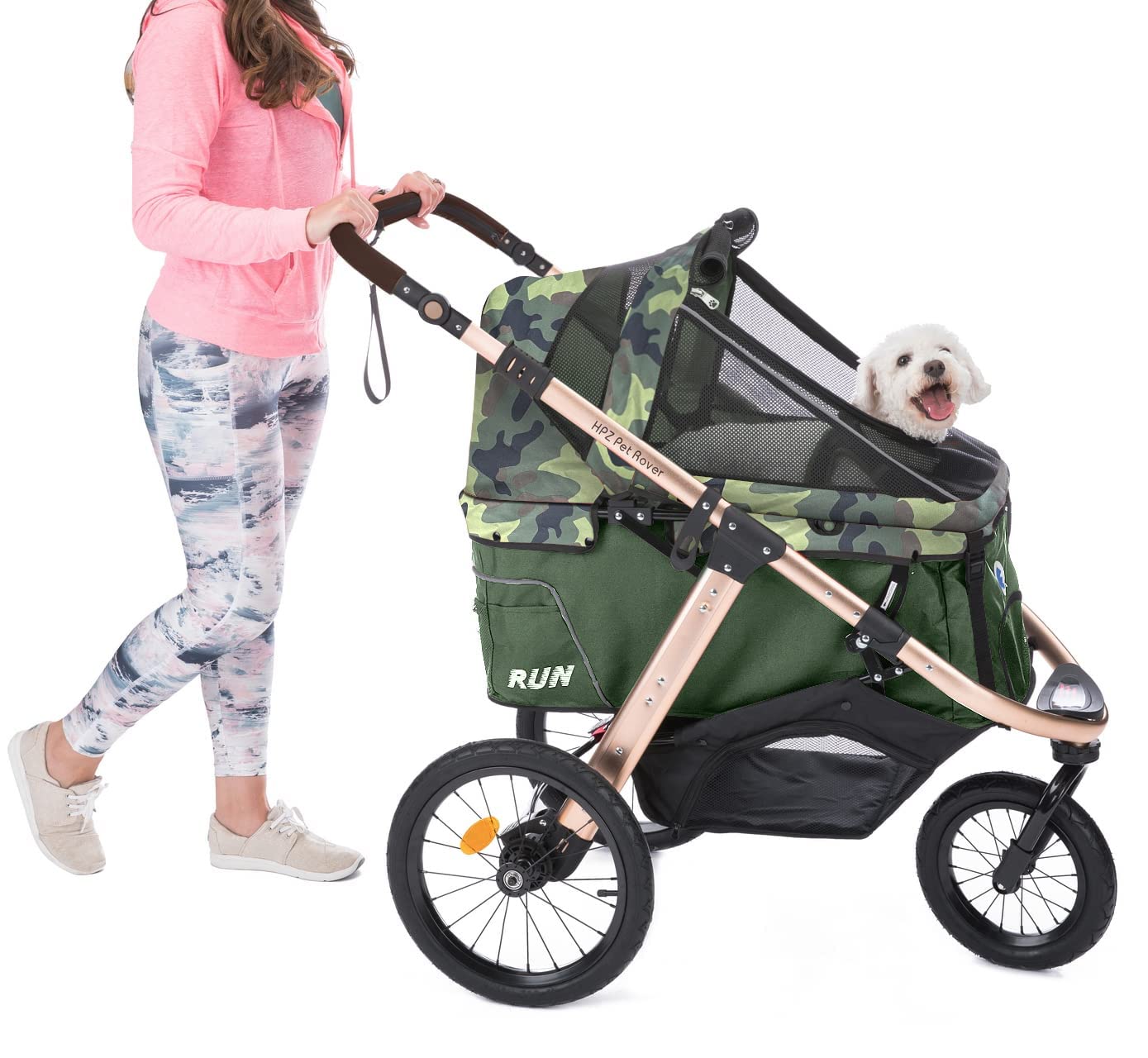 Coche Deportivo para Correr con Ruedas de Goma Confort / Entrada sin Cremallera / Plegado Rápido con Una Mano / Estructura de Aluminio para Perros, Gatos y Mascotas Pequeñas o Medianas (Camuflaje Verde)