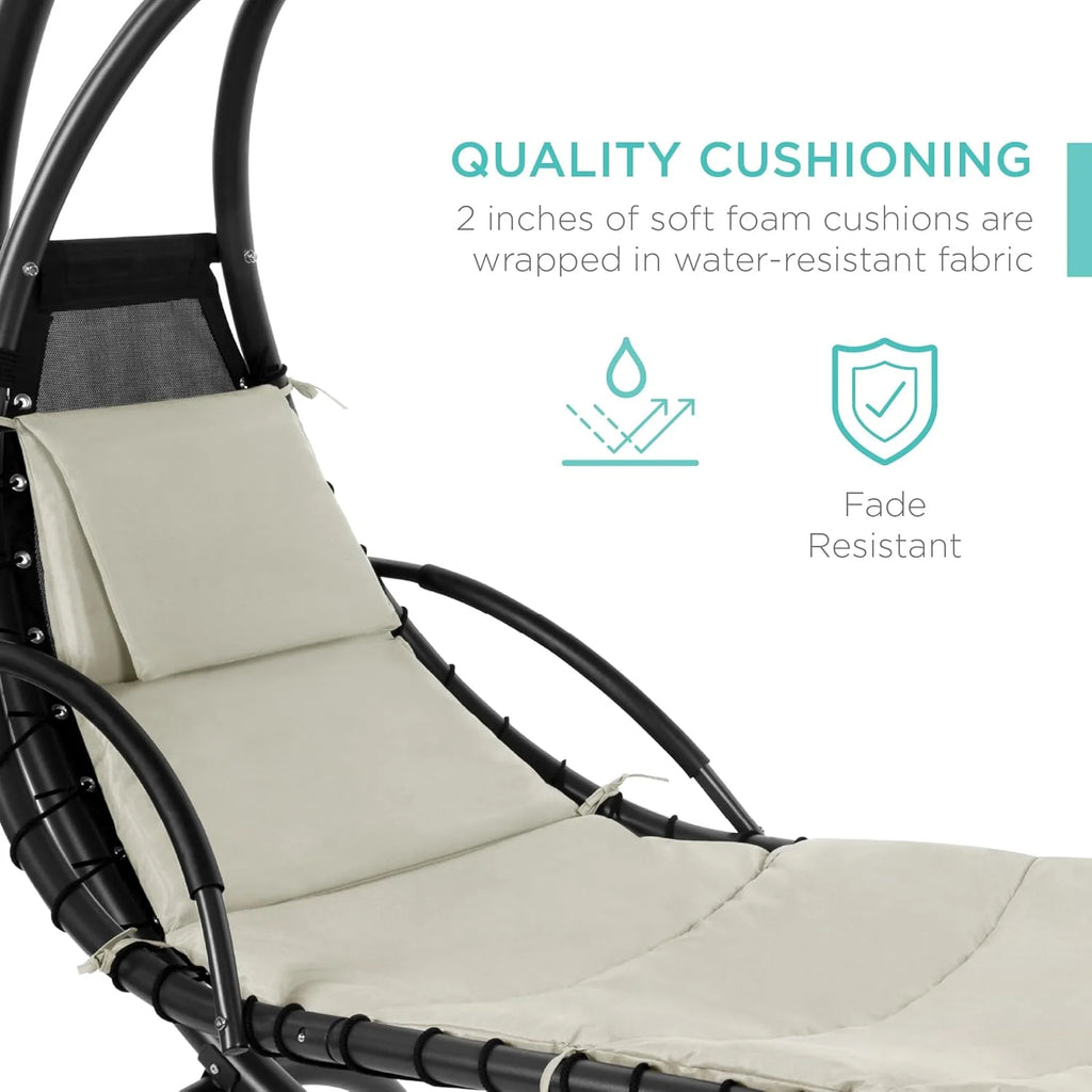 Chaise Longue Suspendue de Exterior Best Choice Products – Silla Balancín Curvada de Acero con Cojín Integrado y Toldo Desmontable – Gris Carbón