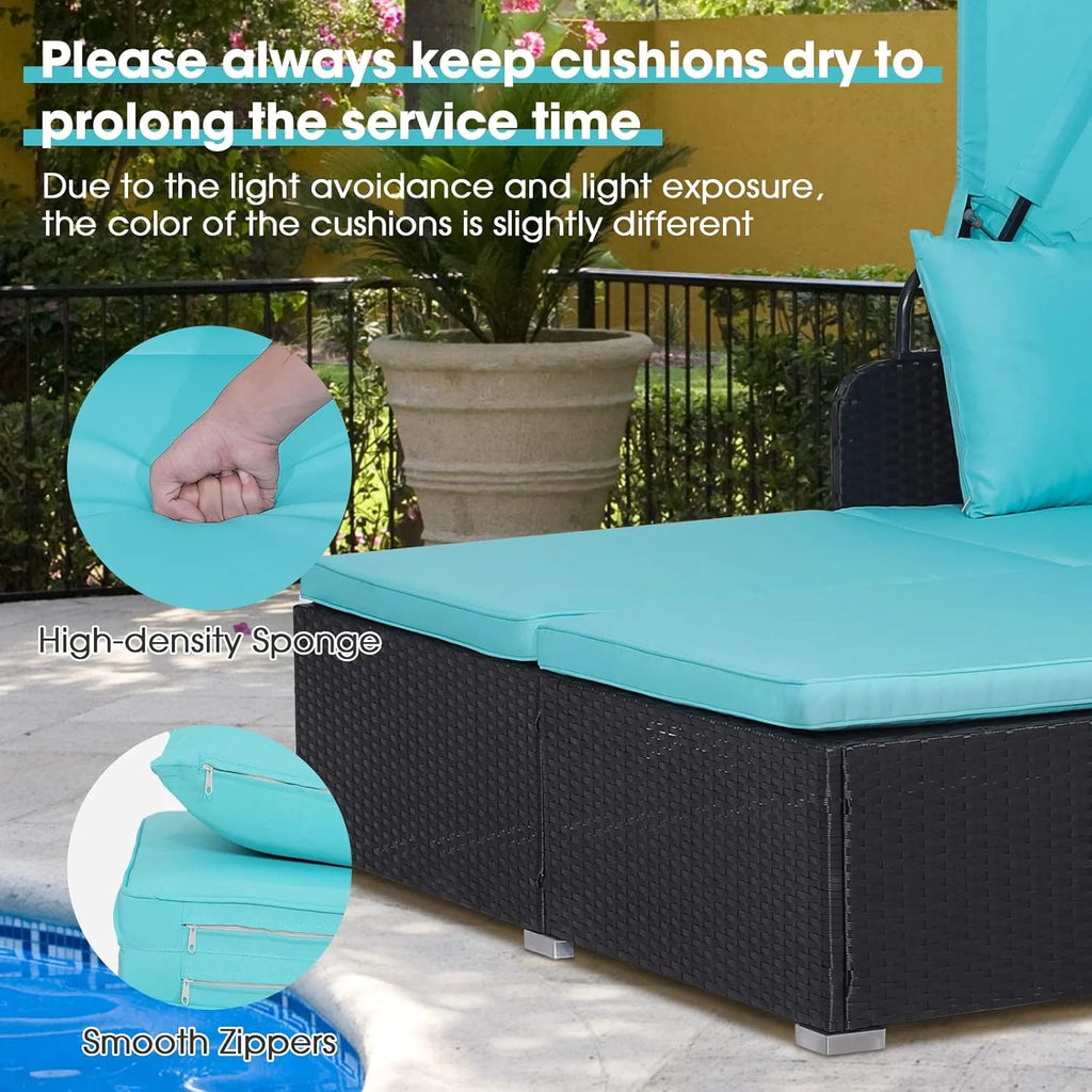 RELAX4LIFE Cama de Jardín Exterior con Dosel, Tumbona de Resina Trenzada con Cojines, 4 Almohadas y 2 Bandejas Laterales Retráctiles, Cama Lounge para 2 Personas para Piscina, Porche, Jardín, Cama de Exterior de Ratán (Turquesa)