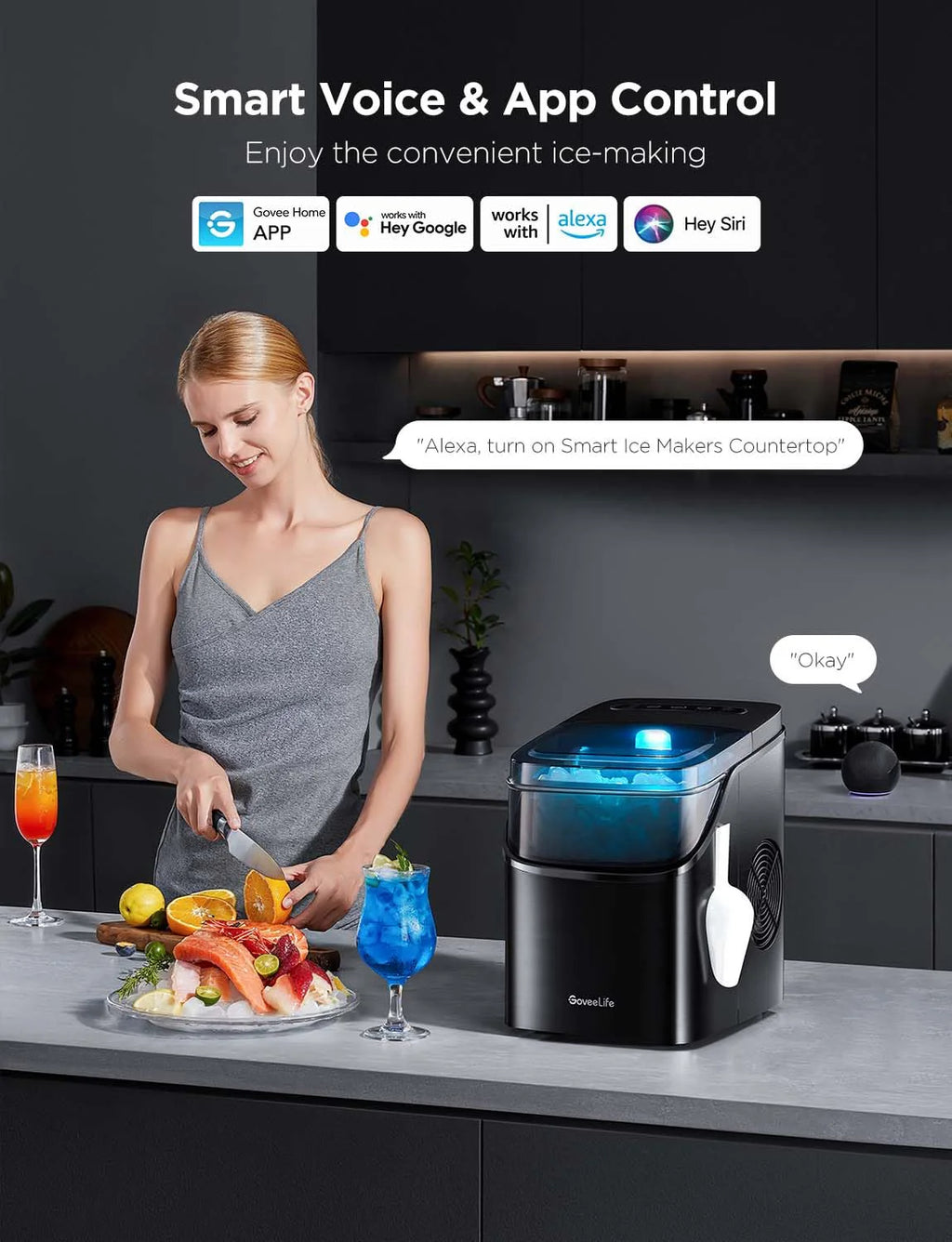 2025 GoveeLife Máquina de Hielo Inteligente con Control por Voz – 9 Cubos en 6 Minutos, 3 Tamaños, 12 kg/24h, Autolimpiante, Iluminación RGB, Silenciosa, con Pala – Negra