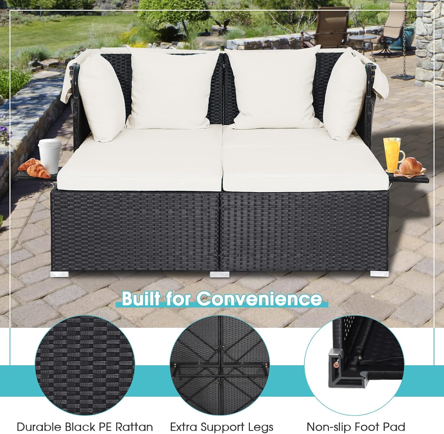 RELAX4LIFE Cama de Jardín Exterior con Dosel, Tumbona de Resina Trenzada con Cojines, 4 Almohadas y 2 Bandejas Laterales Retráctiles, Cama Lounge para 2 Personas para Piscina, Porche, Jardín, Cama de Exterior de Ratán (Turquesa)