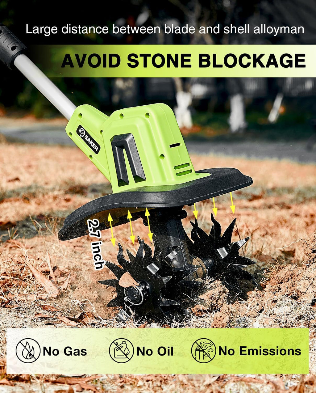 Motobineuse Électrique Sans Fil Saker 22V, Motoculteur Léger pour Jardinage, Largeur de Labour 9 pouces, Profondeur 6,3 pouces pour Préparation du Sol, Désherbage et Jardinage, avec 2 Batteries SK-TC18B