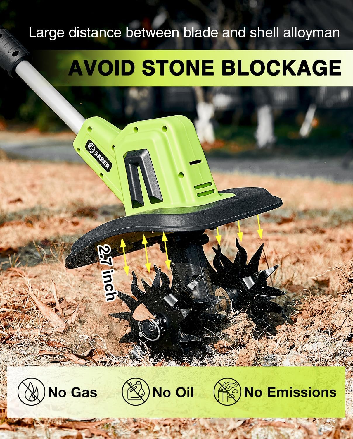 Motobineuse Électrique Sans Fil Saker 22V, Motoculteur Léger pour Jardinage, Largeur de Labour 9 pouces, Profondeur 6,3 pouces pour Préparation du Sol, Désherbage et Jardinage, avec 2 Batteries SK-TC18B