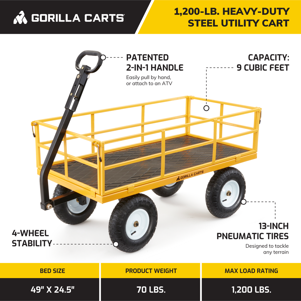 Carretilla utilitaria de acero Gorilla Carts con capacidad de 1200 libras y paneles laterales desmontables