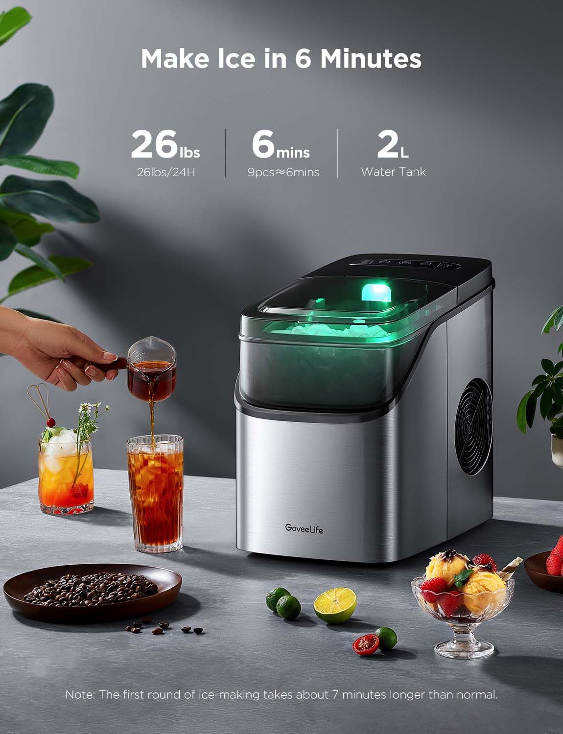 2025 GoveeLife Máquina de Hielo Inteligente con Control por Voz – 9 Cubos en 6 Minutos, 3 Tamaños, 12 kg/24h, Autolimpiante, Iluminación RGB, Silenciosa, con Pala – Negra