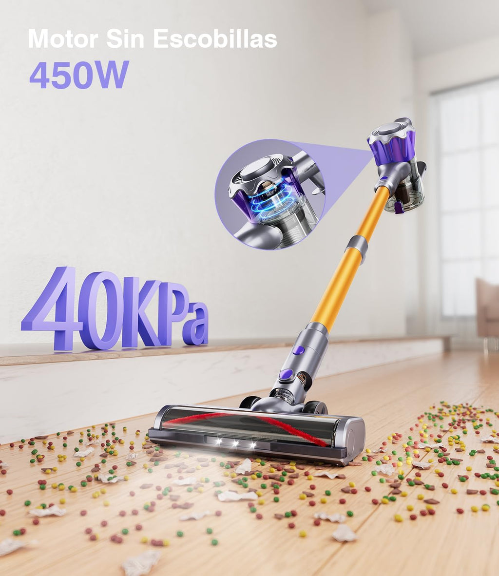 Aspiradora Inalámbrica Tdyon 40KPa/450W, Potente hasta 50 Minutos, con Pantalla Inteligente y Cepillo Antienredos, para Alfombras, Pelo de Mascotas, Suelo y Sofá [Clase de Eficiencia Energética A+++]