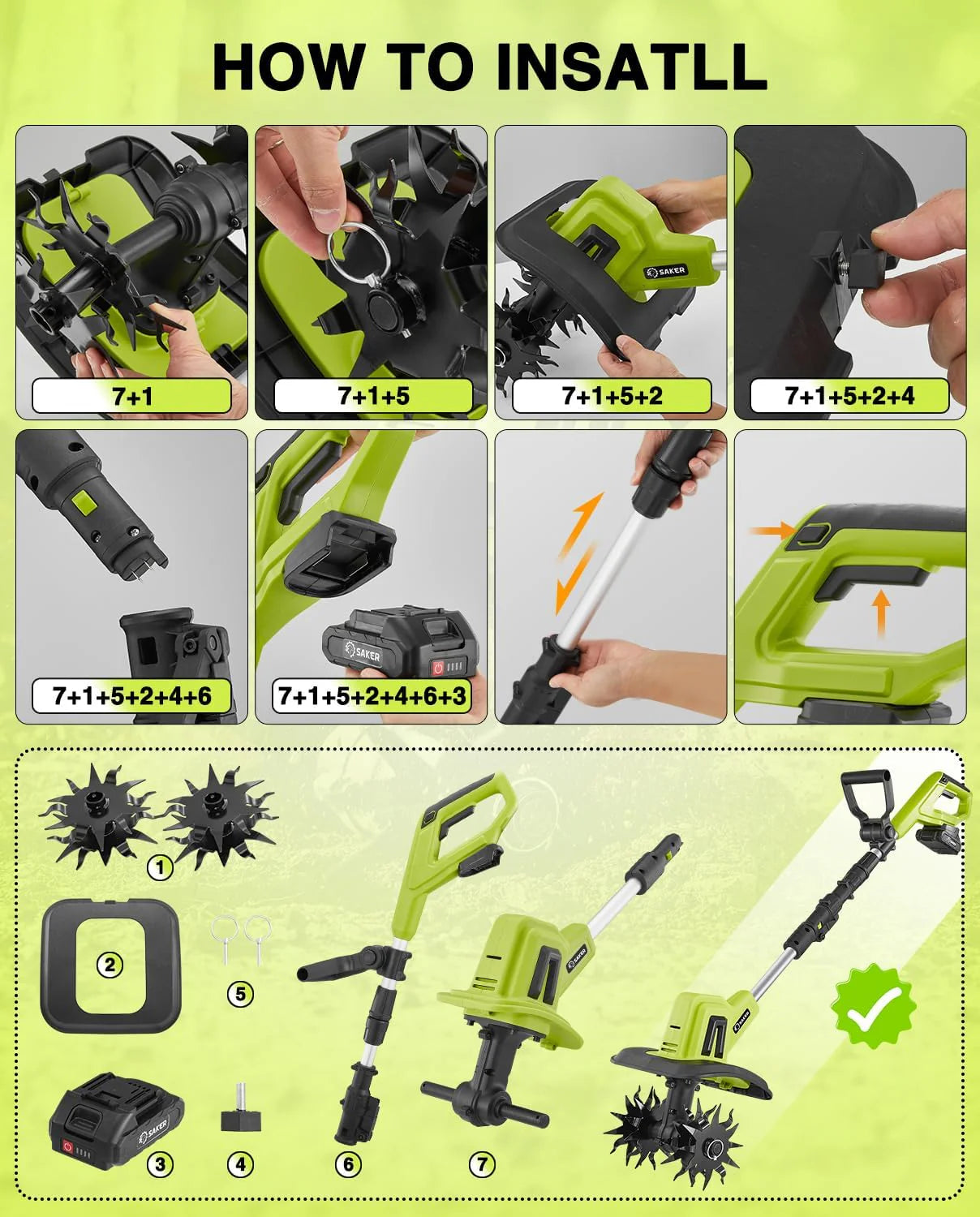 Motobineuse Électrique Sans Fil Saker 22V, Motoculteur Léger pour Jardinage, Largeur de Labour 9 pouces, Profondeur 6,3 pouces pour Préparation du Sol, Désherbage et Jardinage, avec 2 Batteries SK-TC18B