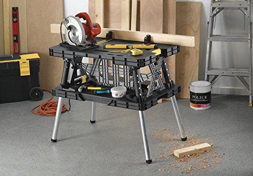 Keter – Banco de Trabajo Plegable Modelo 197283 para Sierra Ingleteadora, Herramientas y Accesorios de Carpintería con Abrazaderas de Madera de 12 Pulgadas Incluidas – Fácil Almacenamiento en Garage, Color Negro/Amarillo