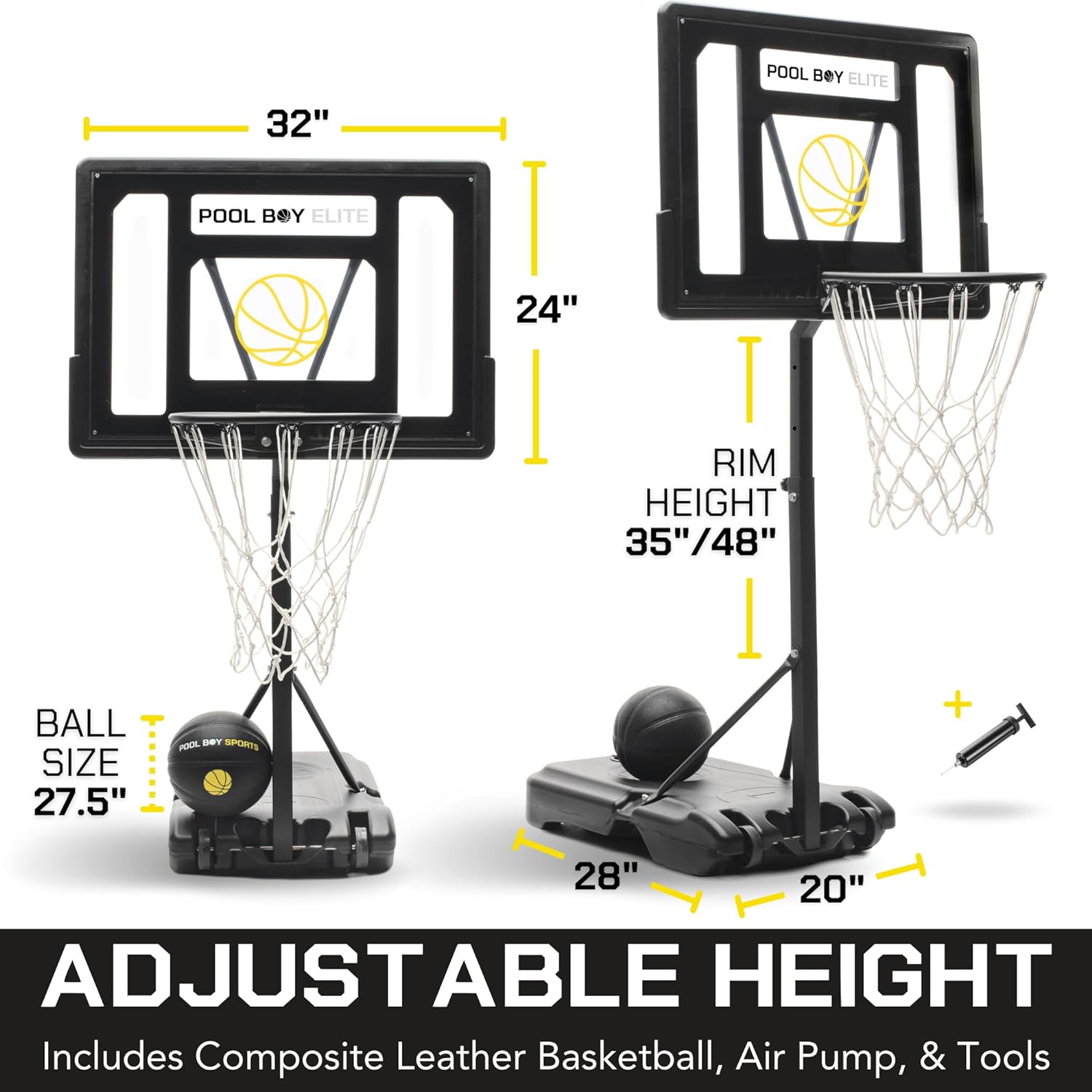 All-In-One Aro de Baloncesto para Piscina – Incluye Balón Compuesto, Bomba de Aire y Herramientas – Set Resistente en Negro Mate – Canasta Ajustable para el Lado de la Piscina – Para Niños, Adolescentes y Adultos