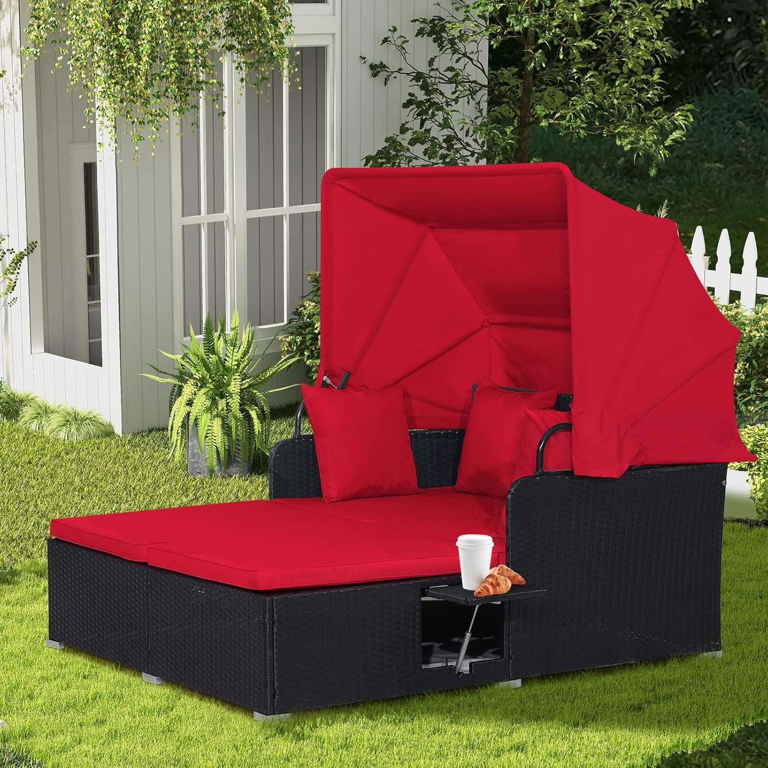 RELAX4LIFE Cama de Jardín Exterior con Dosel, Tumbona de Resina Trenzada con Cojines, 4 Almohadas y 2 Bandejas Laterales Retráctiles, Cama Lounge para 2 Personas para Piscina, Porche, Jardín, Cama de Exterior de Ratán (Turquesa)
