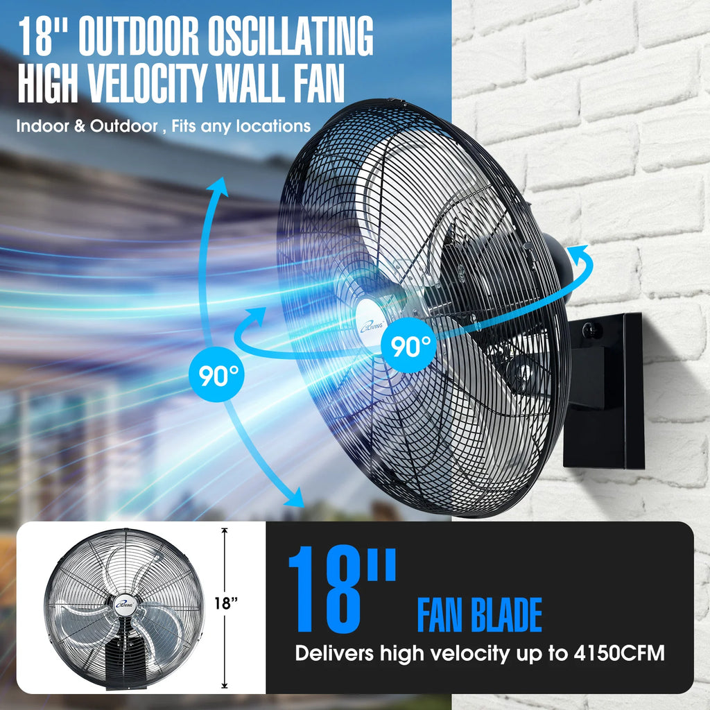 2025 Ventilador mural oscilante de alta velocidad iLiving de 18" para exterior, 4150 CFM, motor resistente a condiciones extremas, velocidad variable, ideal para taller, garaje, veranda, uso comercial e industrial, 18 pulgadas, color negro