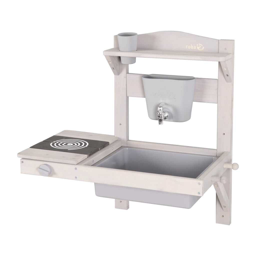 Cocina colgante de juego y barro con accesorios – Madera certificada FSC – Acabado en gris grabado