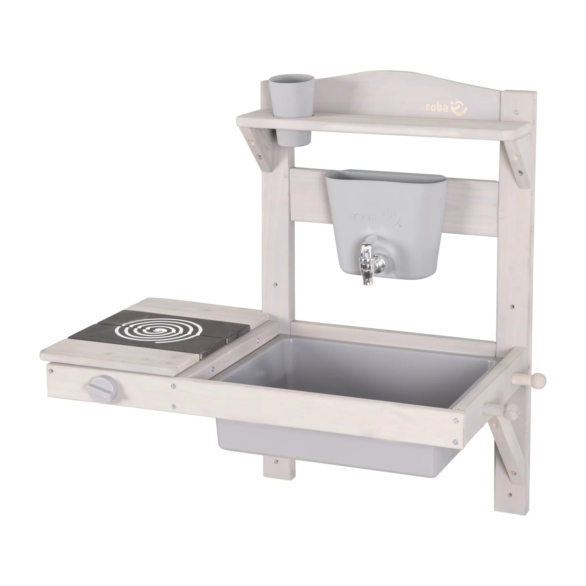 Cocina colgante de juego y barro con accesorios – Madera certificada FSC – Acabado en gris grabado