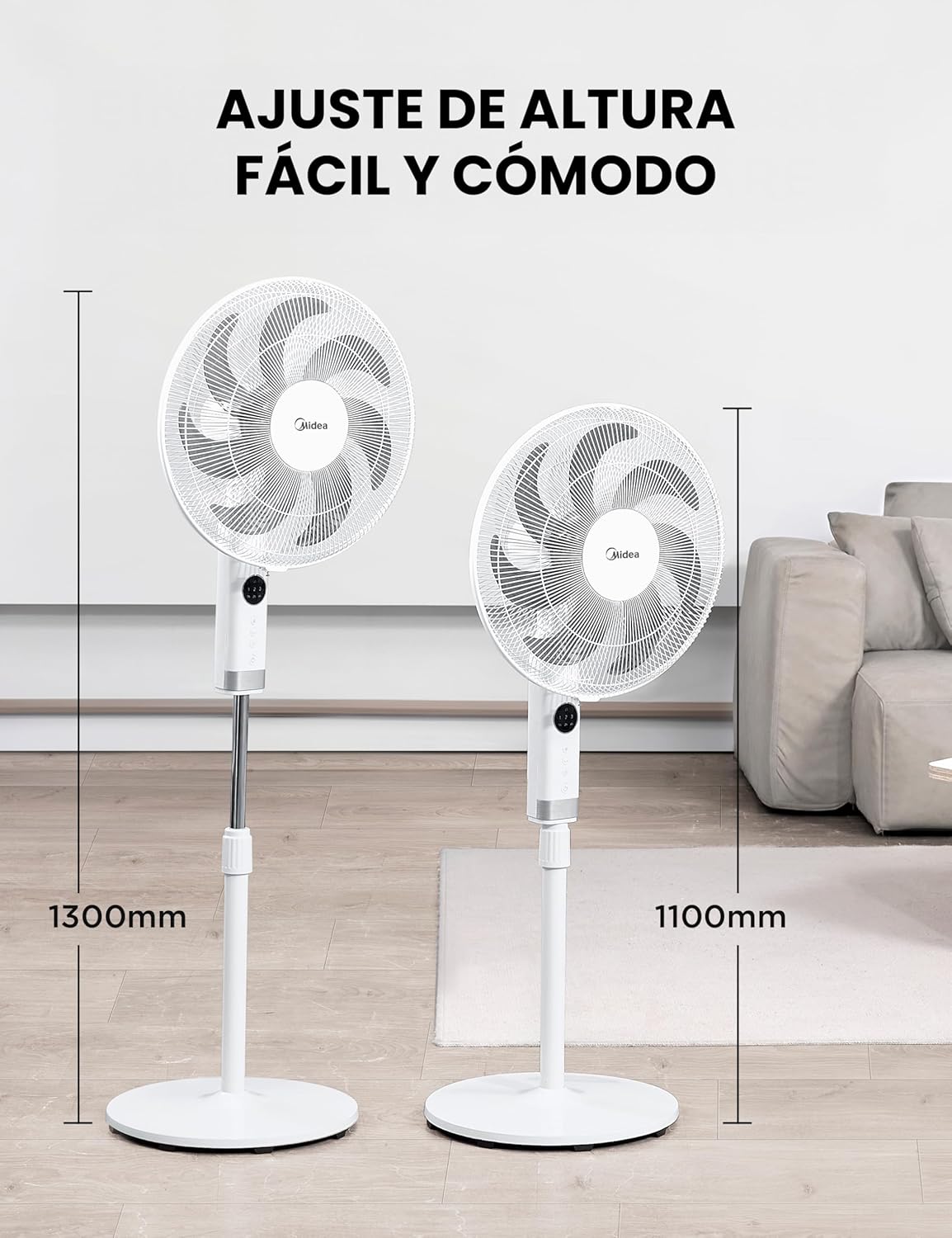 Ventilador de Pie MIDEA 12 Velocidades con Control Remoto – Ventilador Silencioso con Oscilación de 120º + 135º – Ventilador con Temporizador, Filtro y Doble Aspa – Flujo de Aire hasta 24 metros