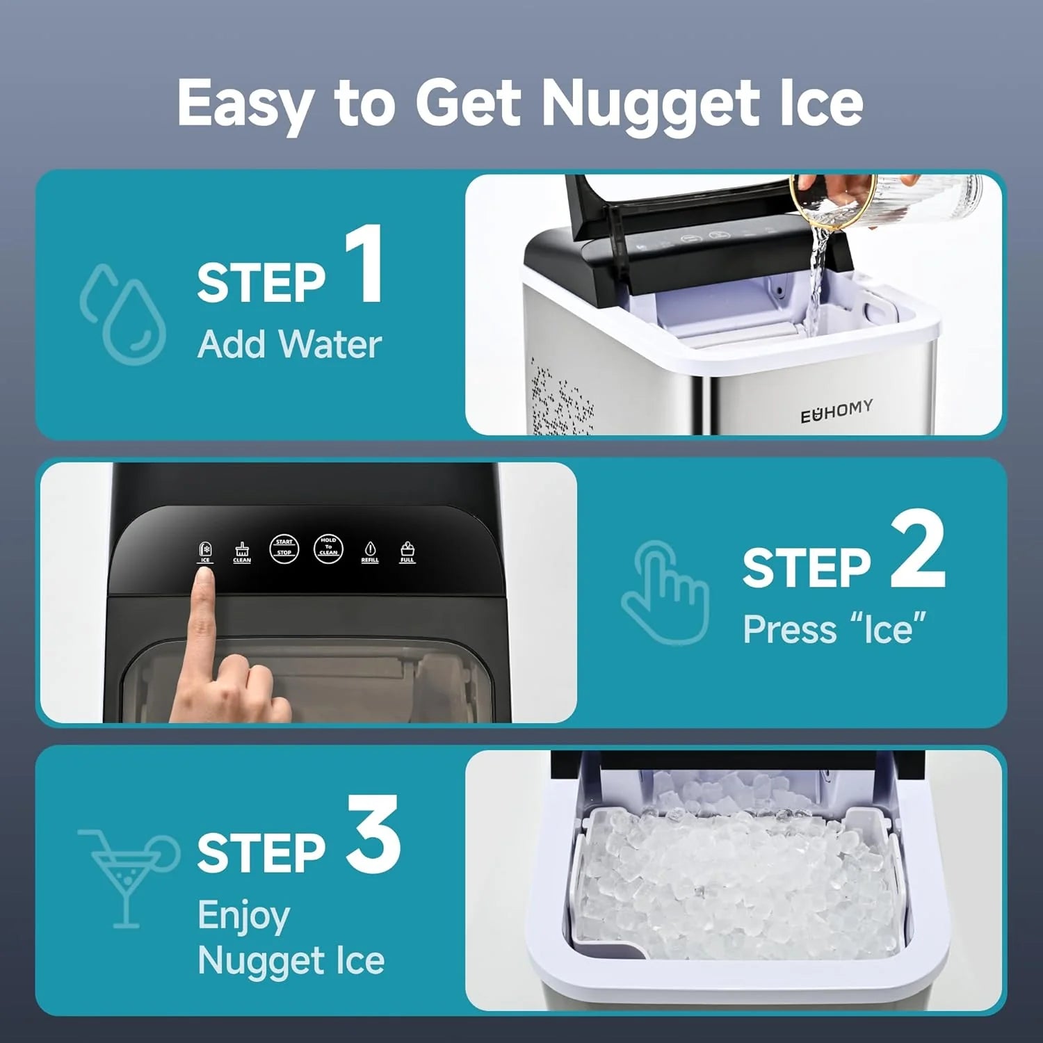 Fabricante de Hielo en Piezas EUHOMY para Mostrador – Listo en 8 Minutos, 16 kg/24H, Autolimpiante, Máquina de Hielo Portátil con Pala y Cubeta, Hielo Sonic Comestible para Casa, Fiestas, Camping o Caravana