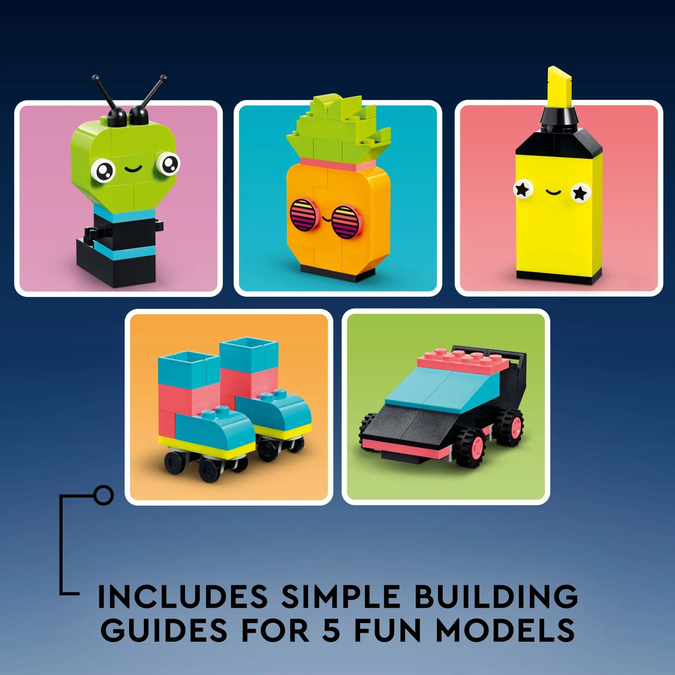 LEGO Classic Caja de Ladrillos Creativos de Colores Neón Set 11027, Juguete de Construcción para Crear un Coche, Piña, Extraterrestre, Patines y Más Ideas para Construir, para Niños y Niñas de 5 Años en Adelante
