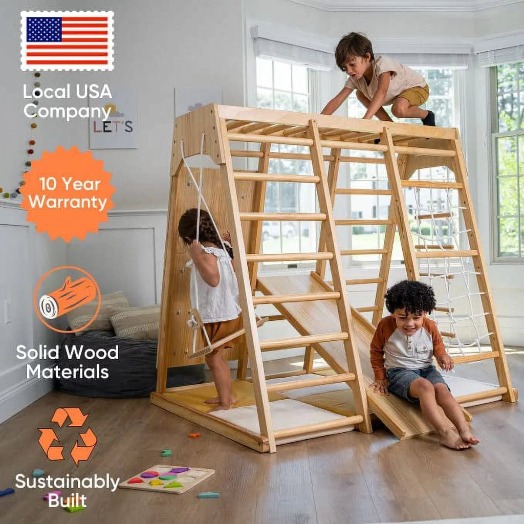 Avenlur Magnolia Parque Infantil Interior Gimnasio Jungle 6 en 1 Estilo Montessori Waldorf Juego de Escalada de Madera con Tobogán, Pared de Escalada, Escalera de Cuerda, Barras de Mono y Columpio para Niños de 2 a 6 años