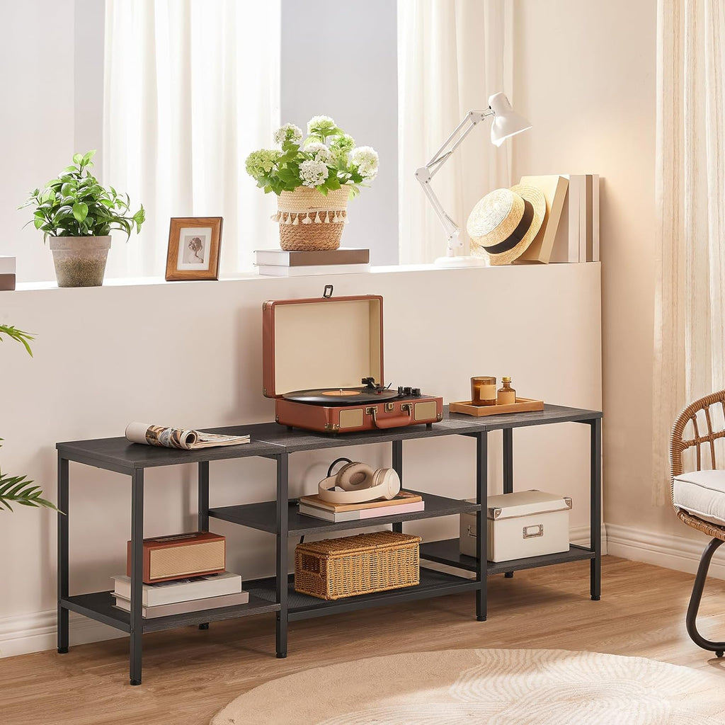 Mueble para TV con Enchufes Integrados para TVs de hasta 75 Pulgadas, Mesa Consola con Estantes Abiertos, Centro de Entretenimiento Industrial para Sala o Dormitorio, Color Marrón Rústico y Negro BF60DS01