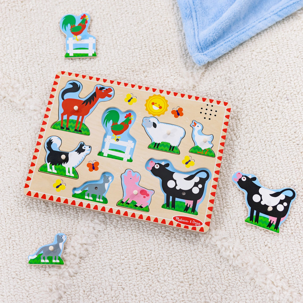 Melissa & Doug Rompecabezas Sonoro de Animales de Granja – Rompecabezas de Madera con Clavijas y Efectos de Sonido (8 piezas)