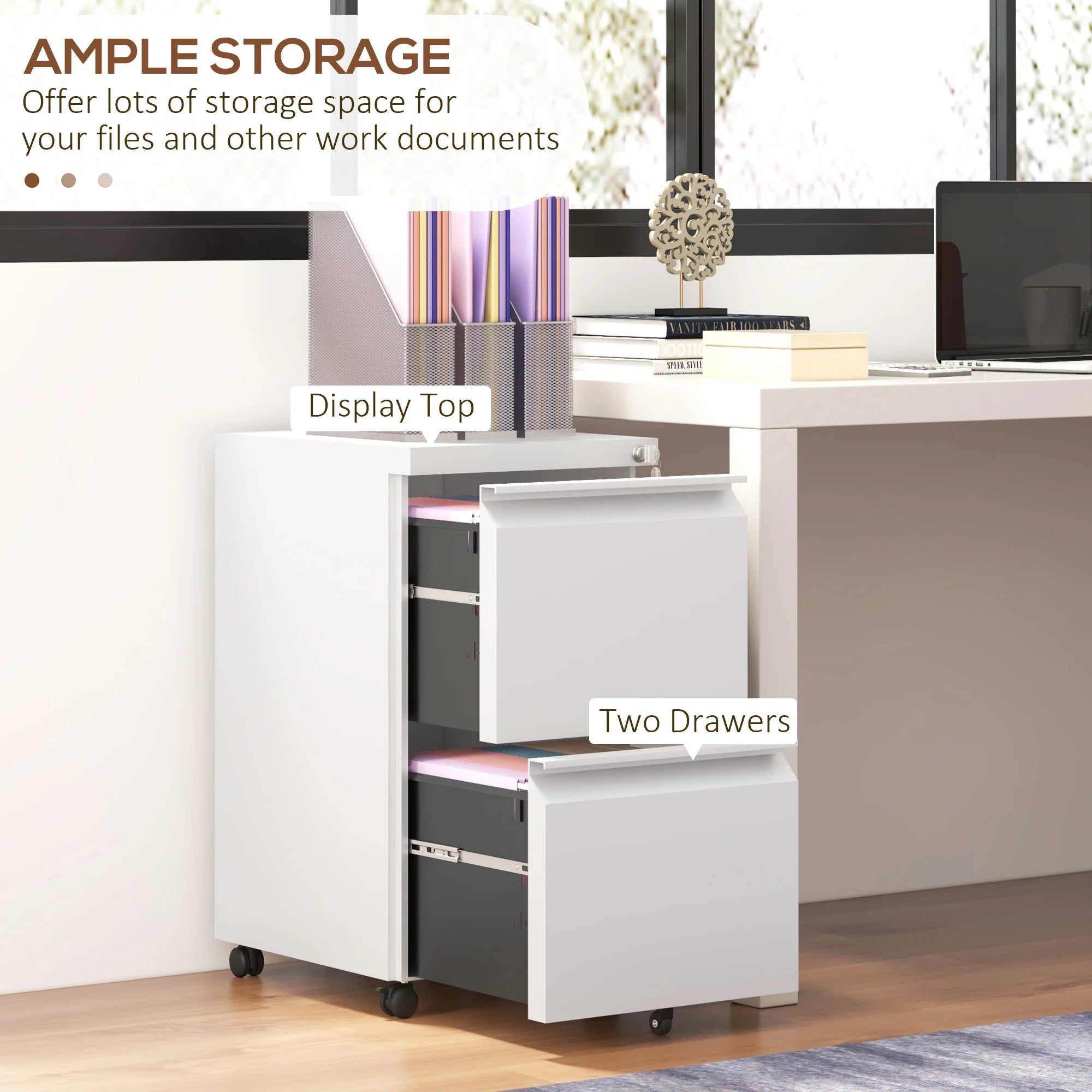 Archivador Móvil con 2 Cajones, Mueble de Archivo Cerrable de Acero, Cuerpo Preensamblado, Blanco