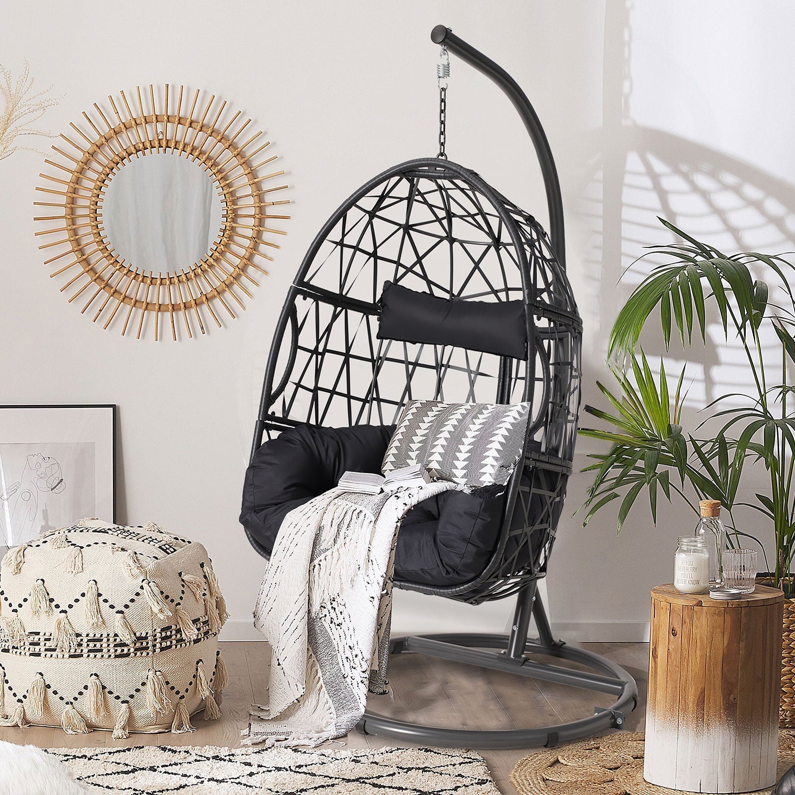 Silla Colgante Tipo Huevo Haverchair con Soporte para Exteriores, Patio, Mimbre y Cojín