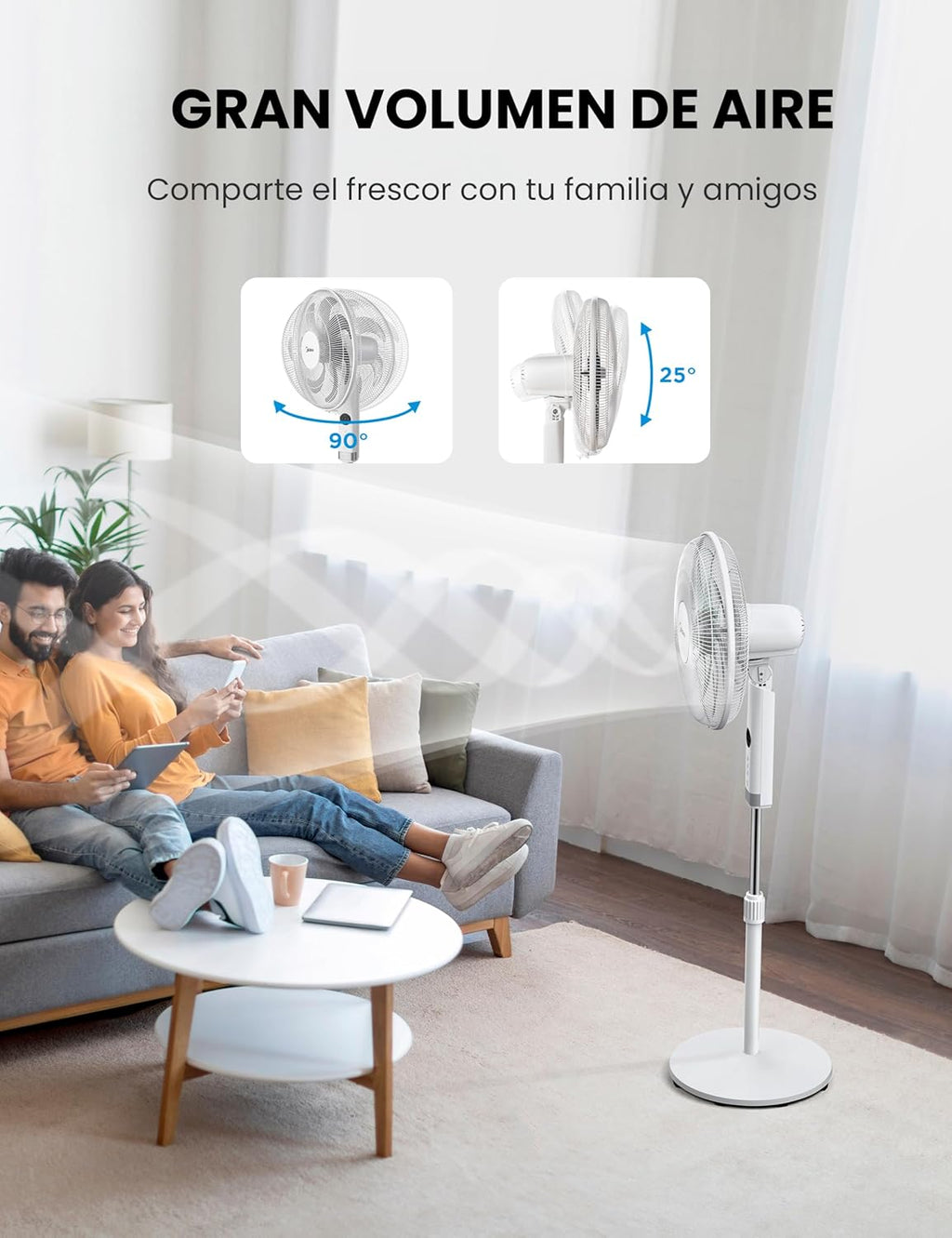 Ventilador de Pie MIDEA 12 Velocidades con Control Remoto – Ventilador Silencioso con Oscilación de 120º + 135º – Ventilador con Temporizador, Filtro y Doble Aspa – Flujo de Aire hasta 24 metros