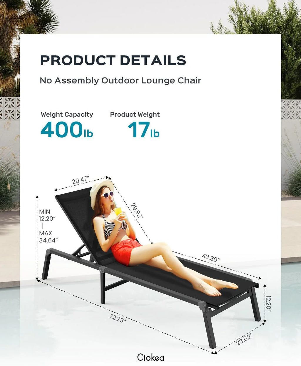 Tumbona de Aluminio para Exterior – Silla de Jardín Plegable sin Montaje, con Respaldo Ajustable en 5 Posiciones, para Terraza, Piscina, Playa – Negra