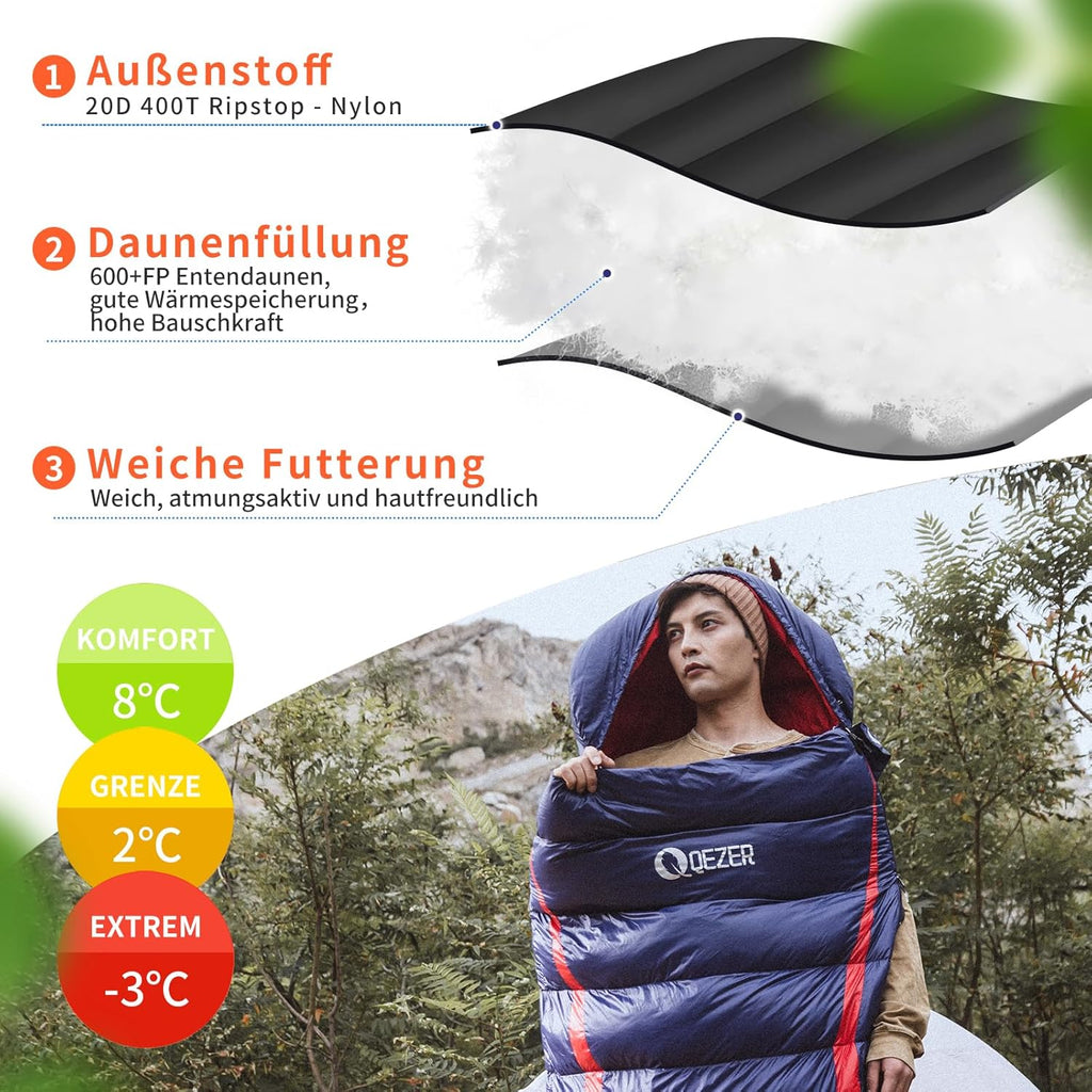 QEZER Saco de Dormir Plumón 220 cm x 80 cm 8 ~ -3 ℃ Saco de Dormir 4 Estaciones Ultraligero Adultos y Niños,Sleeping Bag para Camping y Senderismo