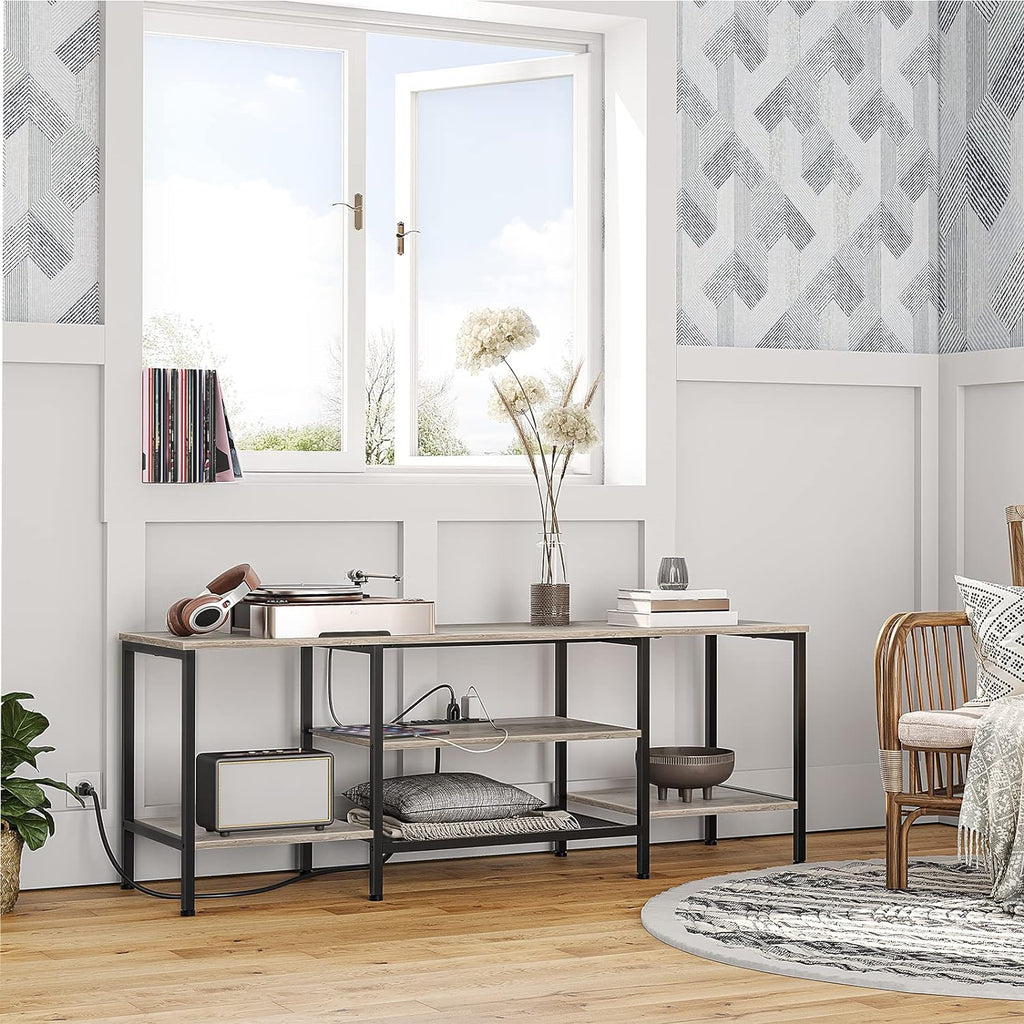 Mueble para TV con Enchufes Integrados para TVs de hasta 75 Pulgadas, Mesa Consola con Estantes Abiertos, Centro de Entretenimiento Industrial para Sala o Dormitorio, Color Marrón Rústico y Negro BF60DS01