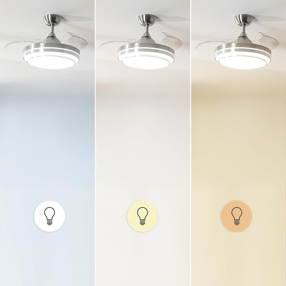 Ventilador de Techo Cecotec con Aspas Retráctiles y Lámpara Invisible EnergySilence Aero 4280 de Acero, 40 W, Diámetro 42 Pulgadas (106 cm), Temporizador, 3 Tonos de Luz, Función Verano-Invierno