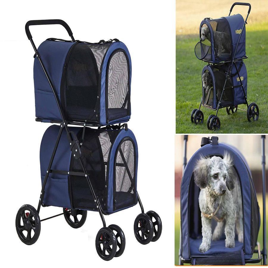 2025 Carrito Doble para Mascotas 42", para 2 Perros o Gatos, Plegable con Suspensión, Azul Marino