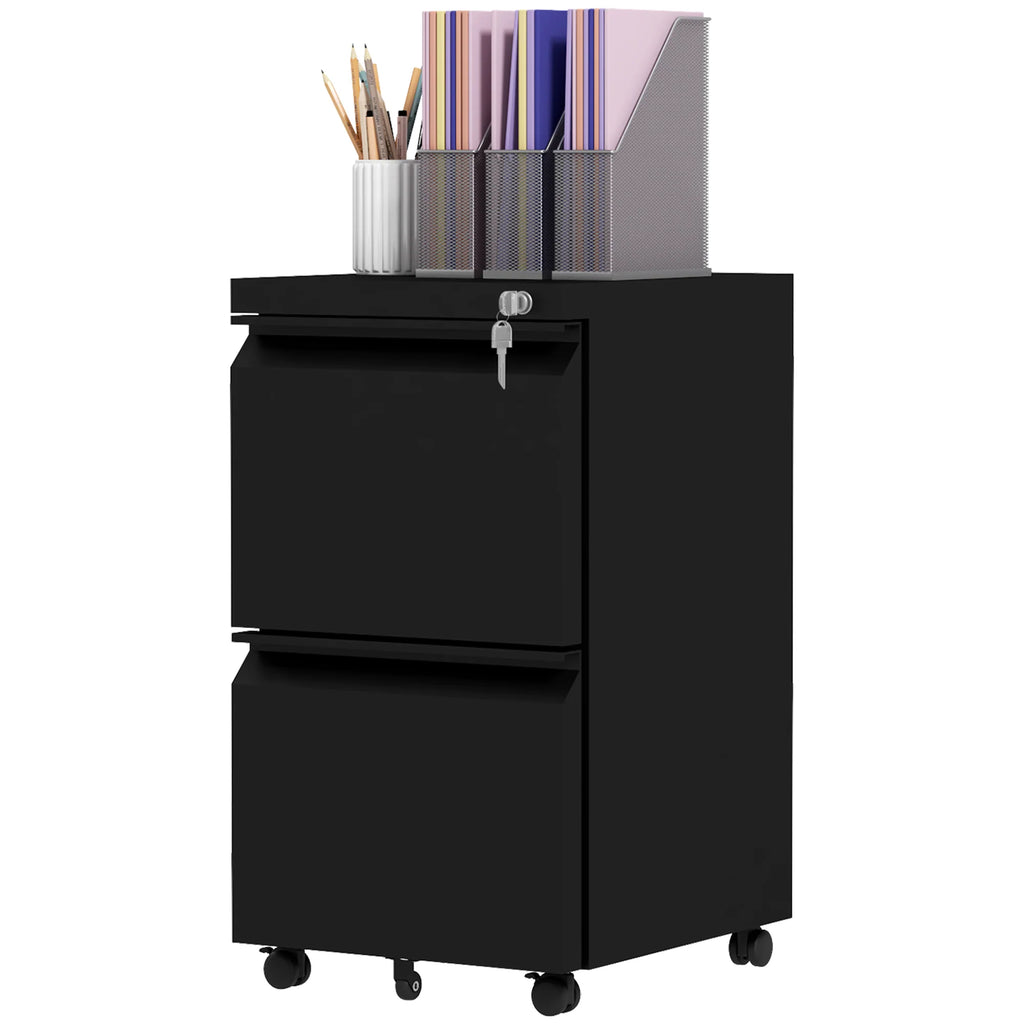 Archivador Móvil con 2 Cajones, Mueble de Archivo Cerrable de Acero, Cuerpo Preensamblado, Negro