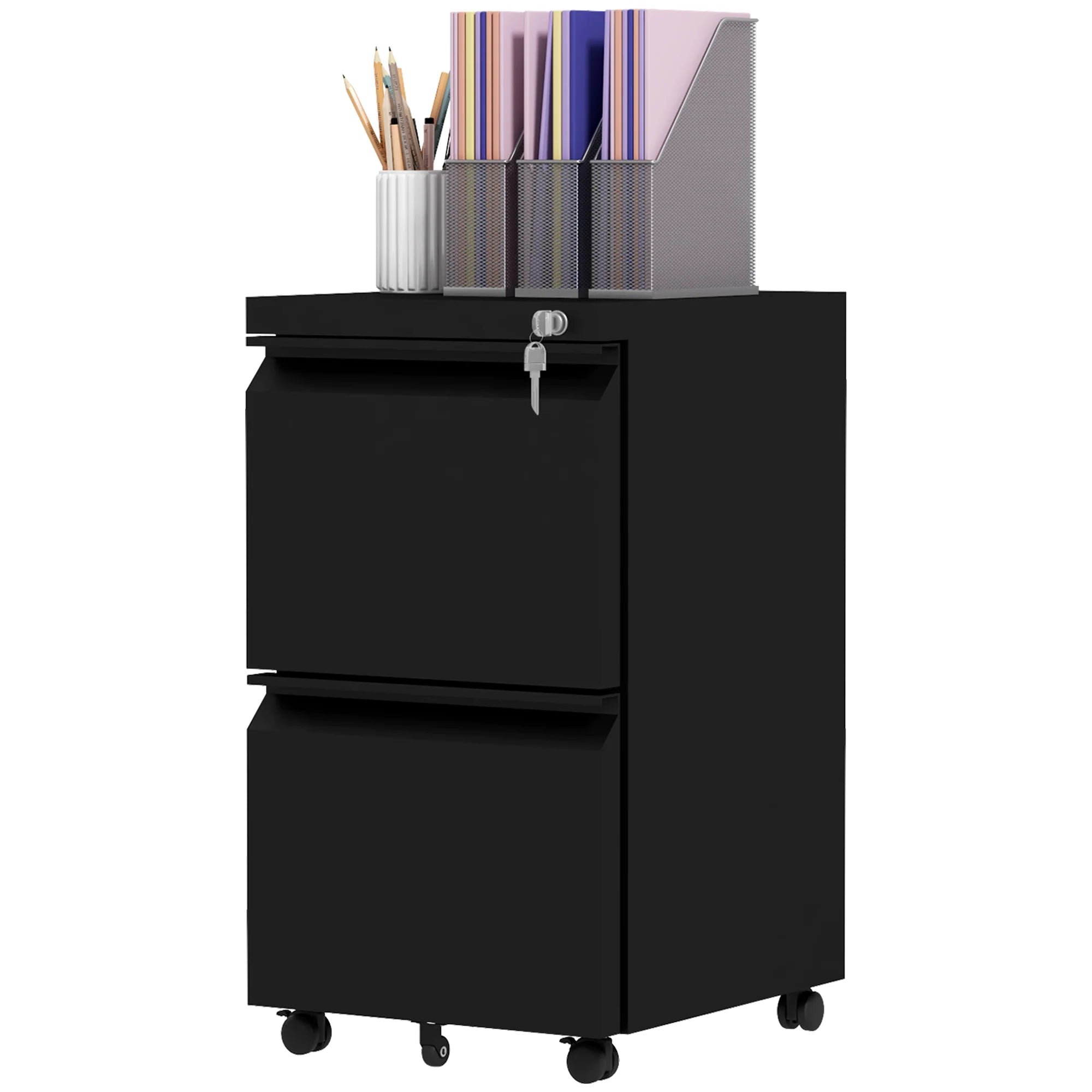 Archivador Móvil con 2 Cajones, Mueble de Archivo Cerrable de Acero, Cuerpo Preensamblado, Negro