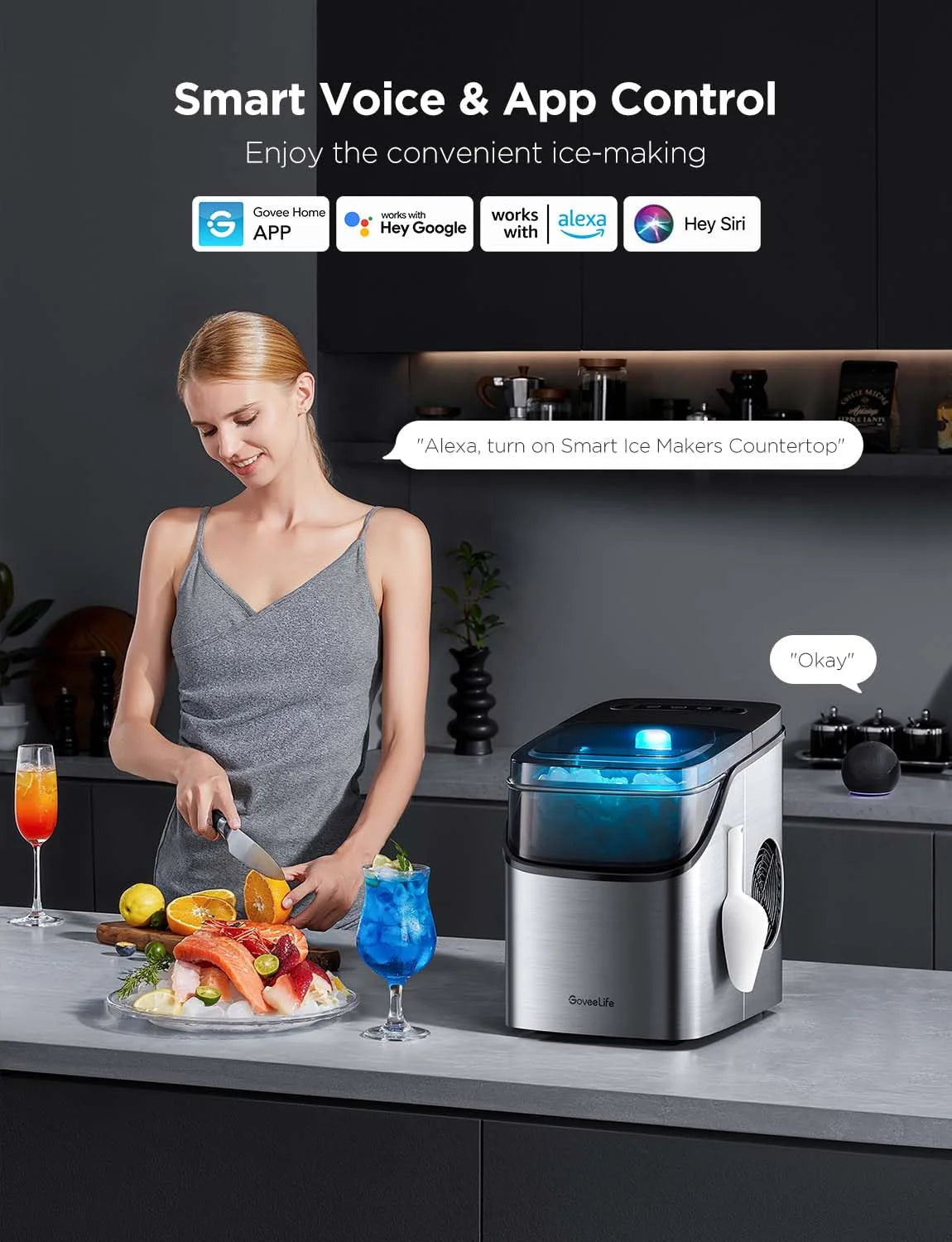 2025 GoveeLife Máquina de Hielo Inteligente con Control por Voz – 9 Cubos en 6 Minutos, 3 Tamaños, 12 kg/24h, Autolimpiante, Iluminación RGB, Silenciosa, con Pala – Negra