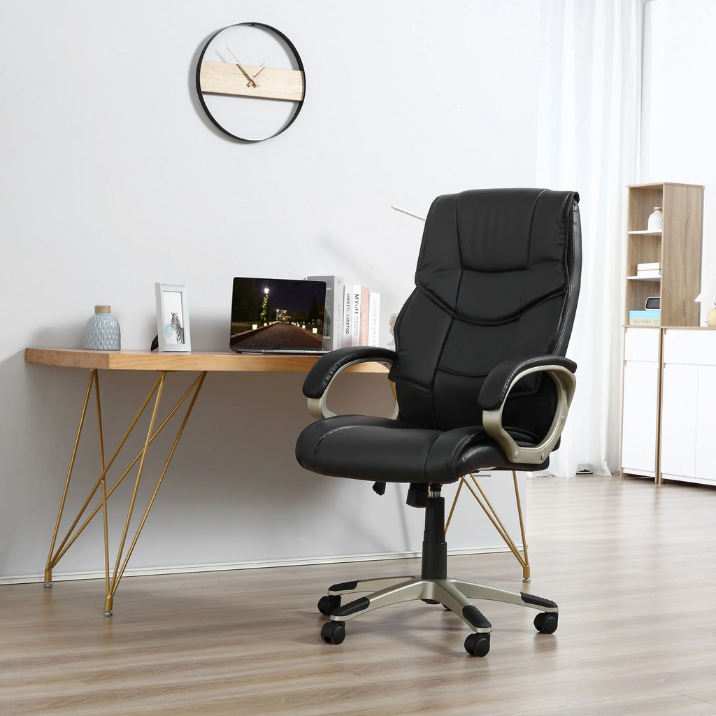 Silla de Oficina con Respaldo Alto, Sillón Giratorio de Cuero Sintético con Altura Ajustable, Negro