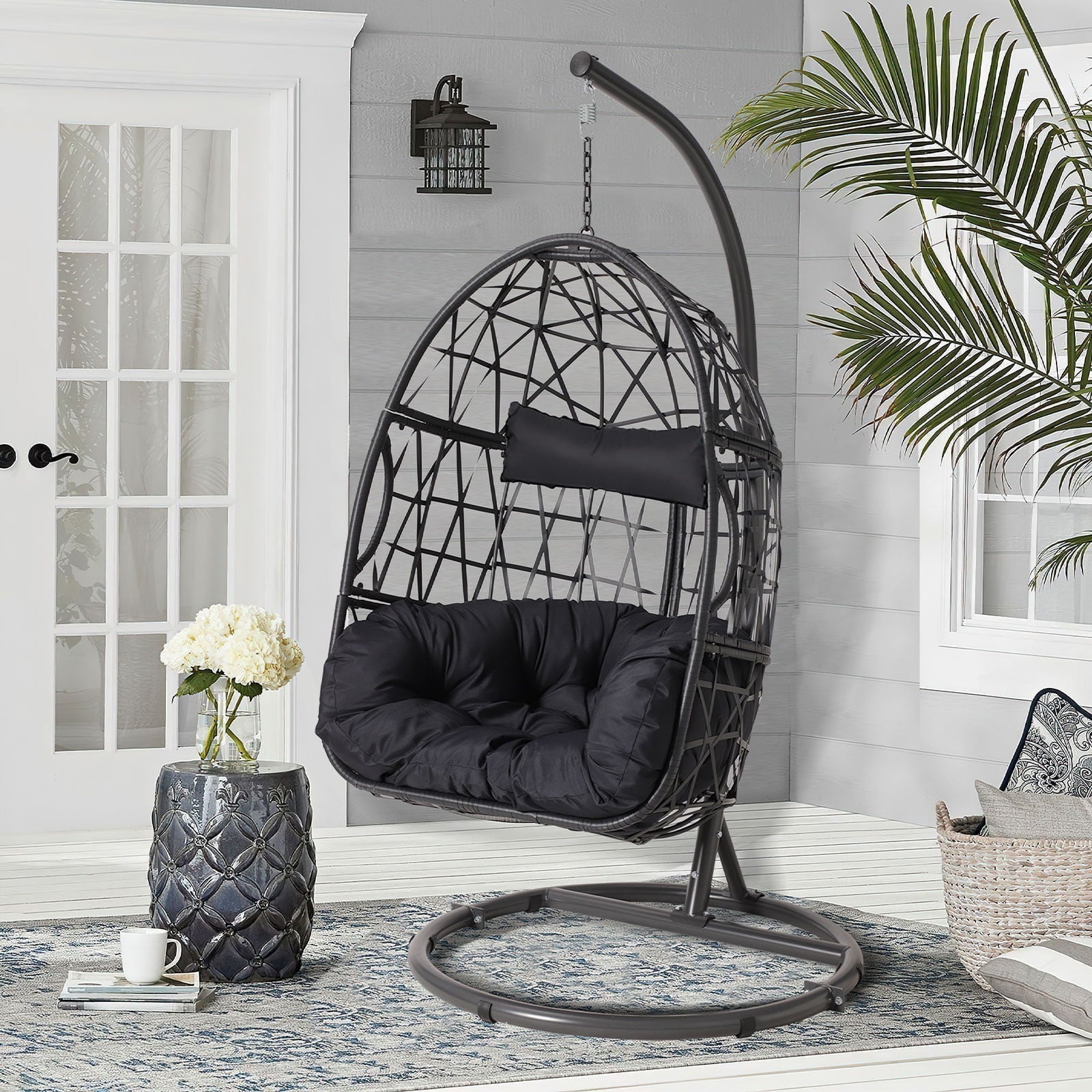 Silla Colgante Tipo Huevo Haverchair con Soporte para Exteriores, Patio, Mimbre y Cojín