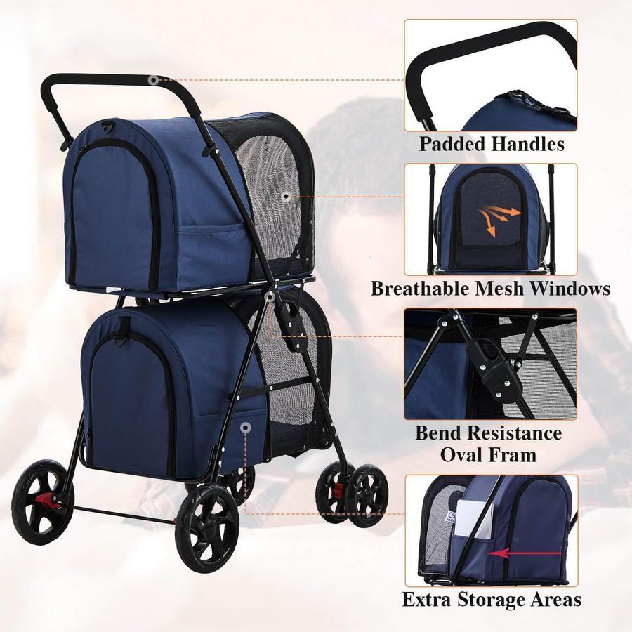 2025 Carrito Doble para Mascotas 42", para 2 Perros o Gatos, Plegable con Suspensión, Azul Marino