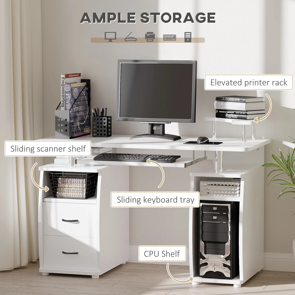 Escritorio de Ordenador para Oficina – Mesa de PC con Cajón para Teclado, Estante Deslizante para Escáner, Blanco