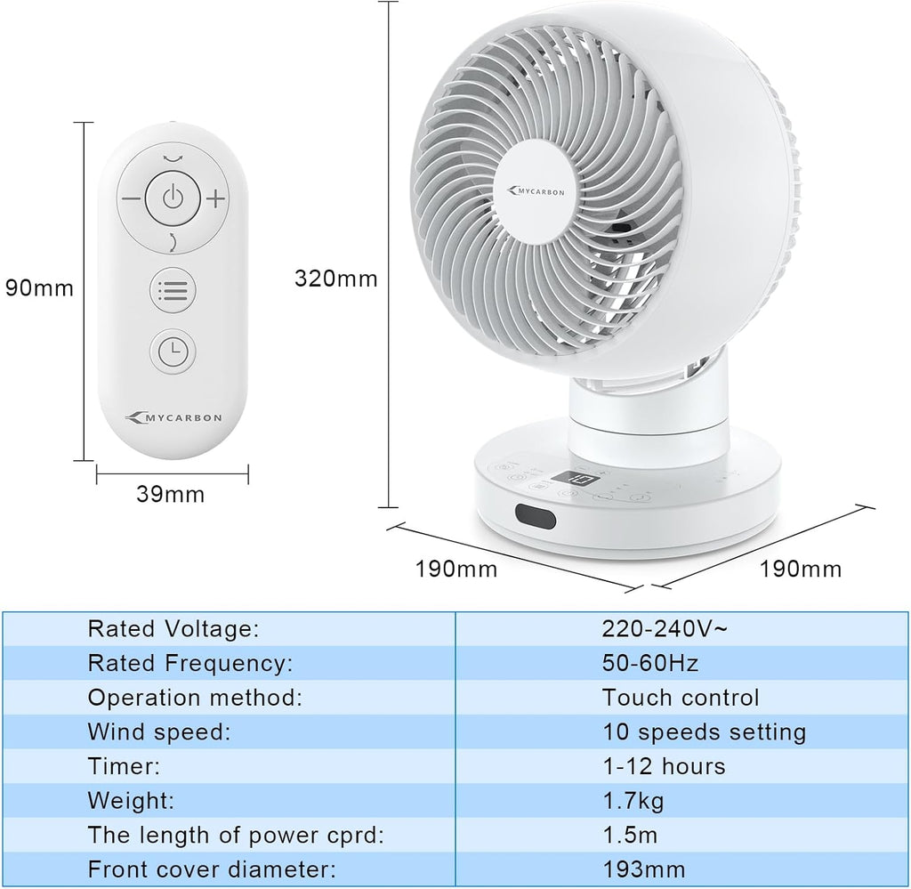 MYCARBON Ventilador de Mesa Turbo Silencioso 20dB, Motor DC Potente, Oscilación de 30°-60°-90°, 11 Velocidades, Temporizador 12h y Encendido Programado, con Control Remoto