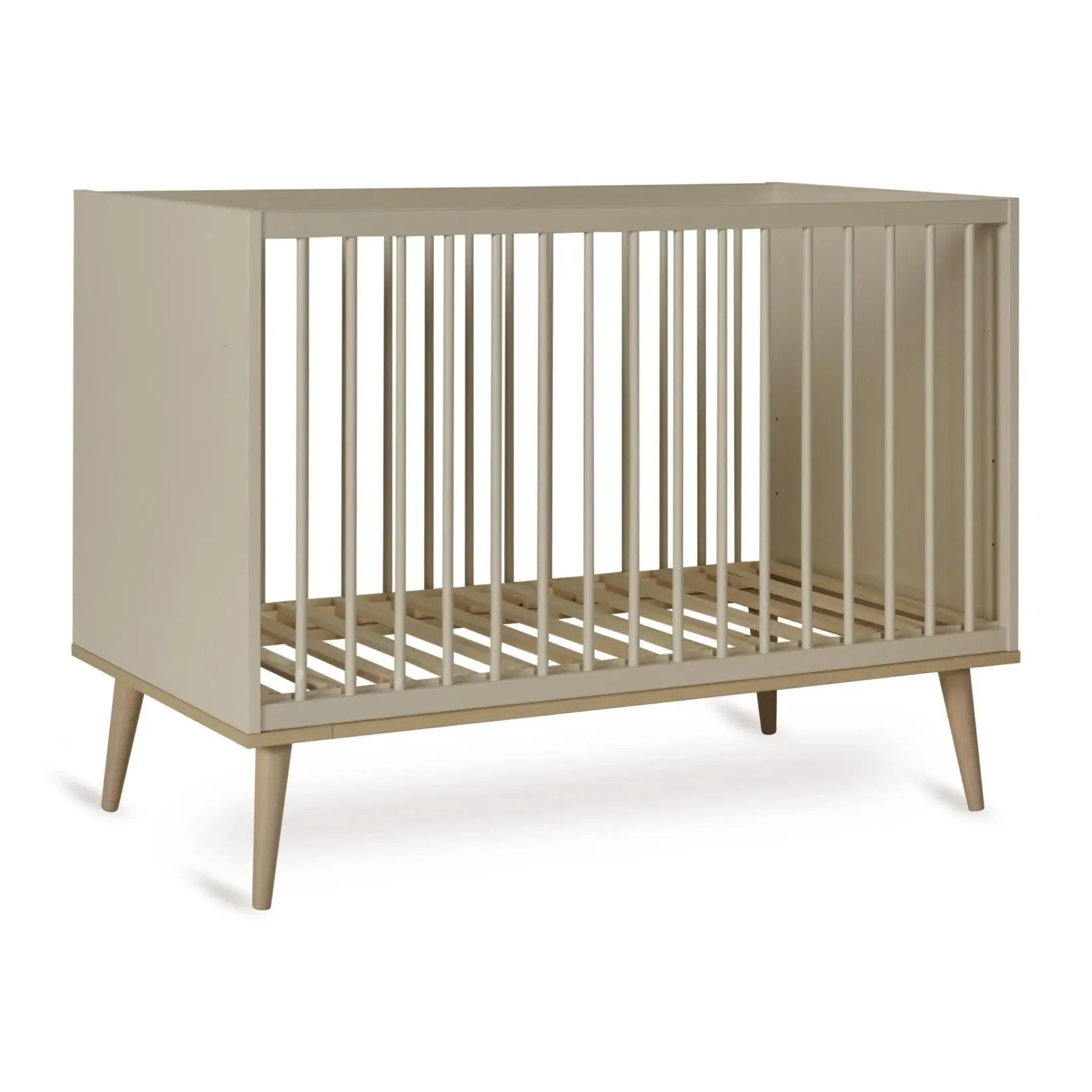 2025 Cuna Quax Flow – 60x120 cm | Greige y madera de haya | Altura ajustable, certificación FSC | Con somier, sin colchón