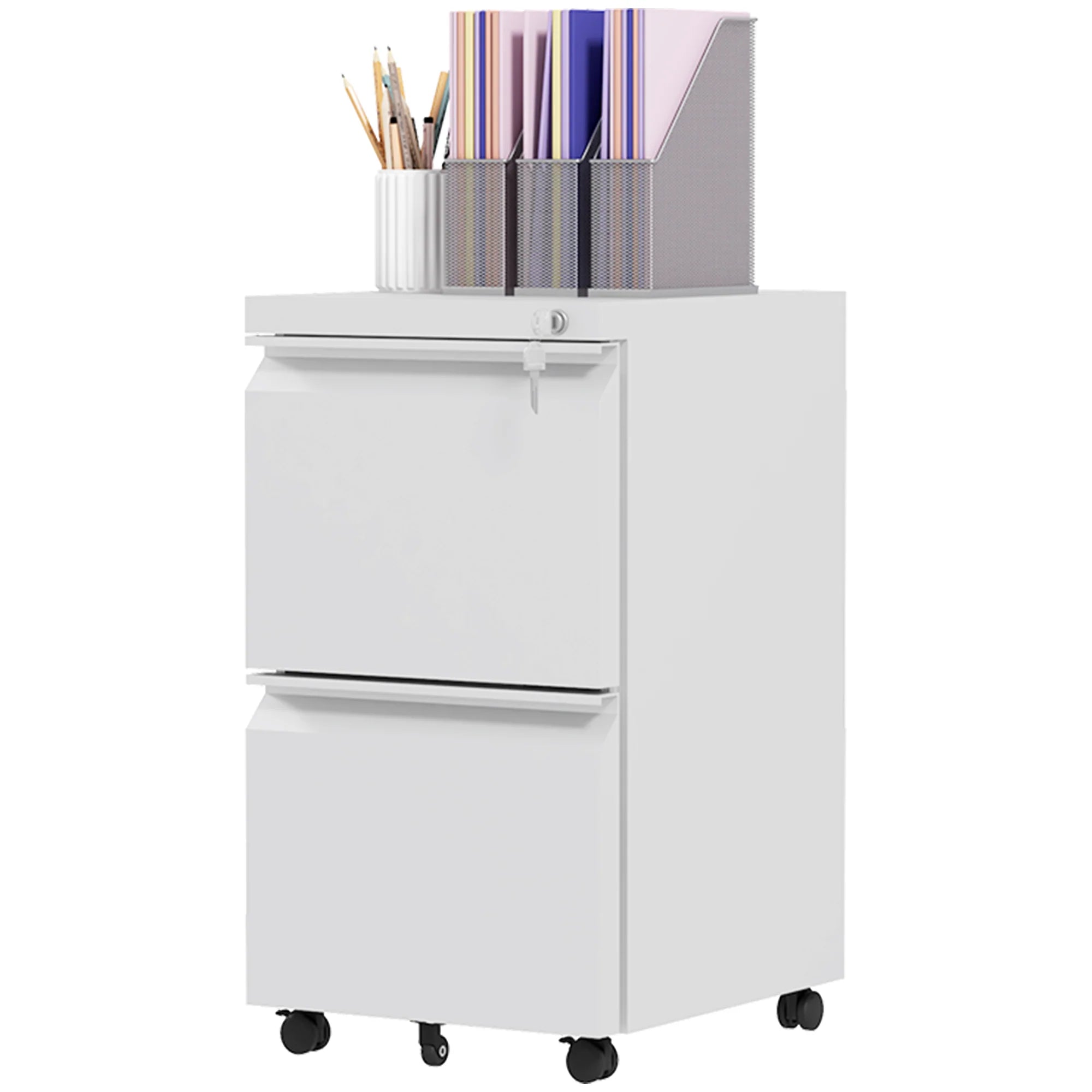 Archivador Móvil con 2 Cajones, Mueble de Archivo Cerrable de Acero, Cuerpo Preensamblado, Blanco