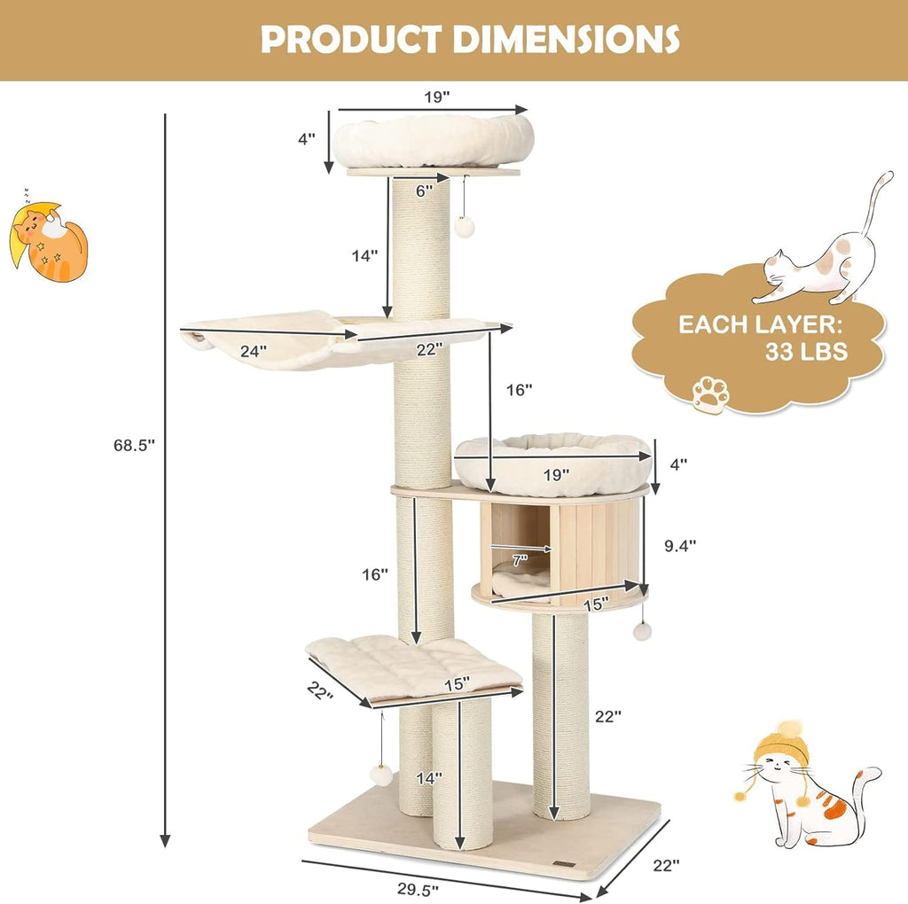 Árbol para Gatos Grande, Torre de Múltiples Niveles con Poste de Sisal, Hamaca, Cesta Colgante y Alfombrillas Desmontables y Lavables, Perfecto para Gatos Grandes
