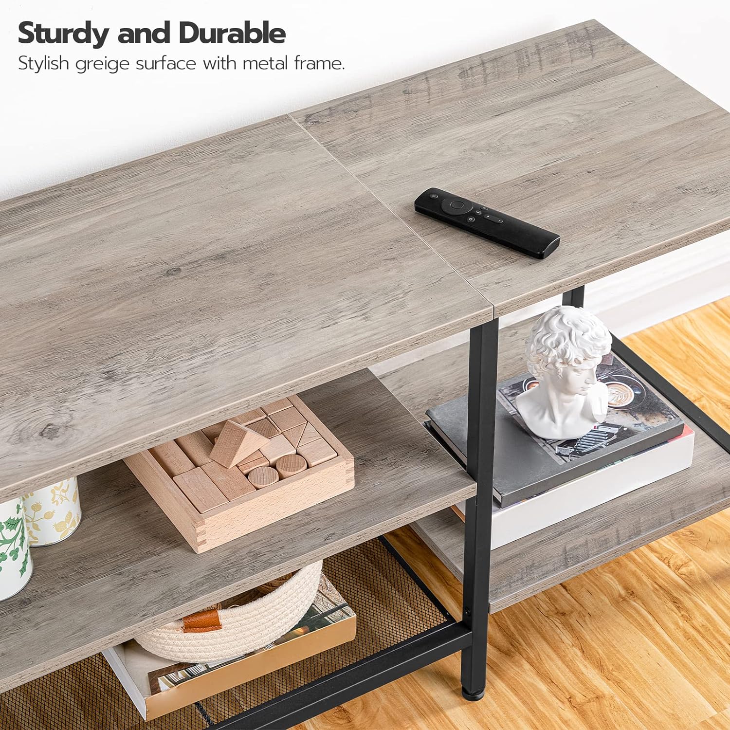 Mueble para TV con Enchufes Integrados para TVs de hasta 75 Pulgadas, Mesa Consola con Estantes Abiertos, Centro de Entretenimiento Industrial para Sala o Dormitorio, Color Marrón Rústico y Negro BF60DS01