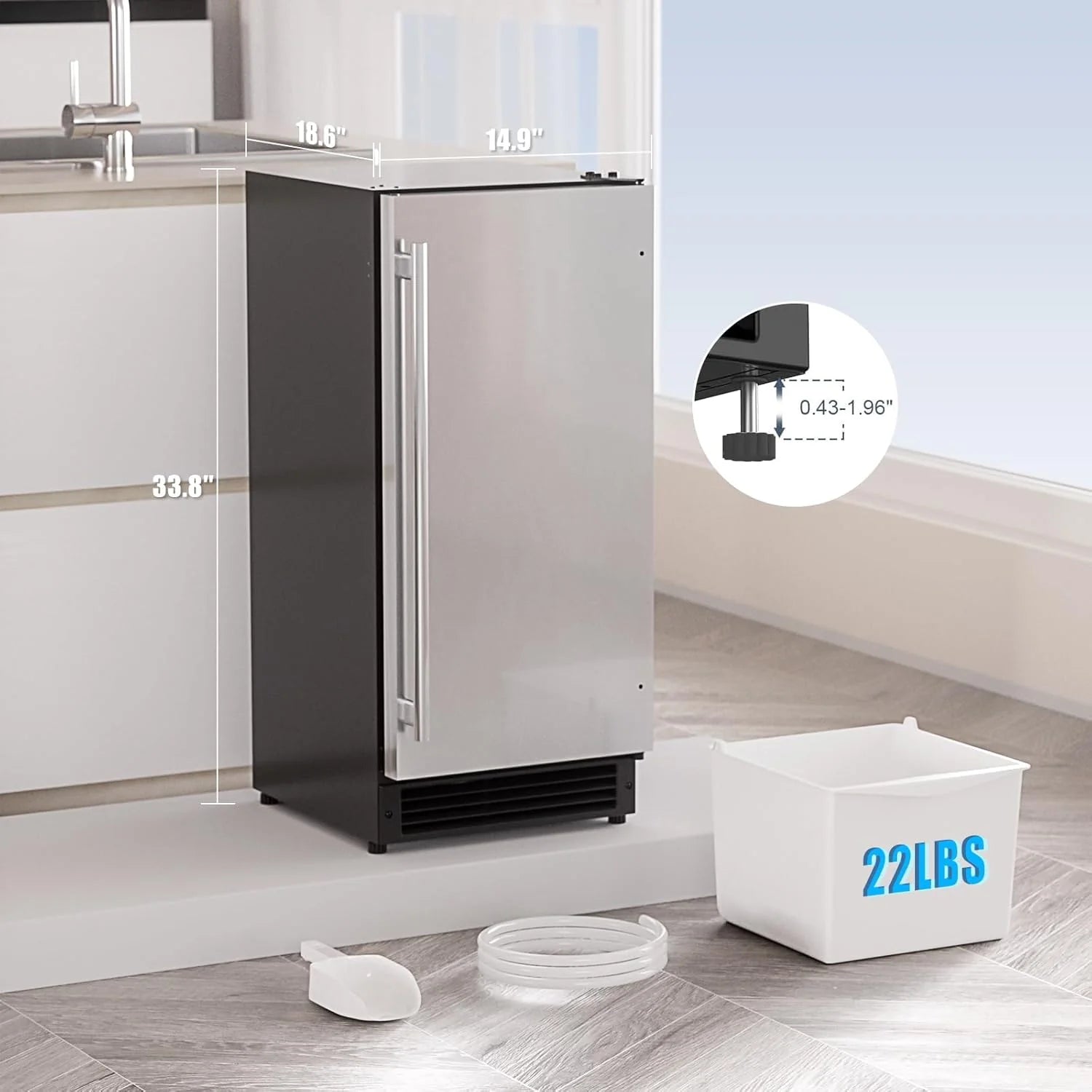 2025 COTLIN Máquina de Hielo Empotrable Sin Drenaje – Capacidad de 22 lb, Hielo en Forma de Media Luna, Acero Inoxidable, Uso Doméstico o Comercial, Certificada ETL