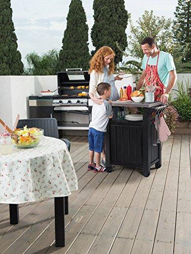 Keter Unity Mesa Portátil para Exterior y Gabinete de Almacenamiento con Ganchos para Accesorios de Parrilla - Superficie de Acero Inoxidable para Isla de Cocina o Carro de Bar en Patio, Gris Oscuro